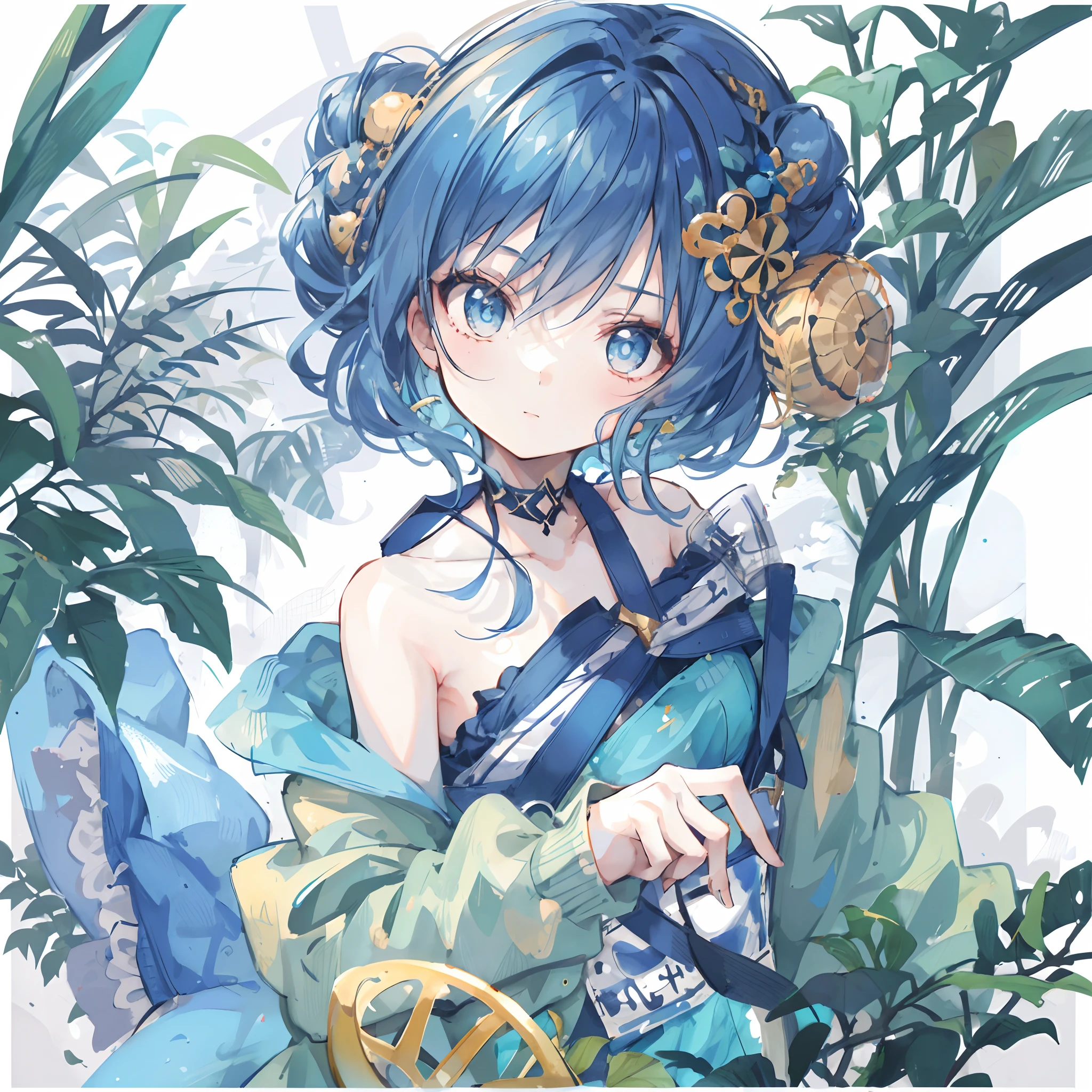 1girl,jungle,:|,beehive hairdo,eye reflection,casual one-piece swimsuit,blue theme hair,