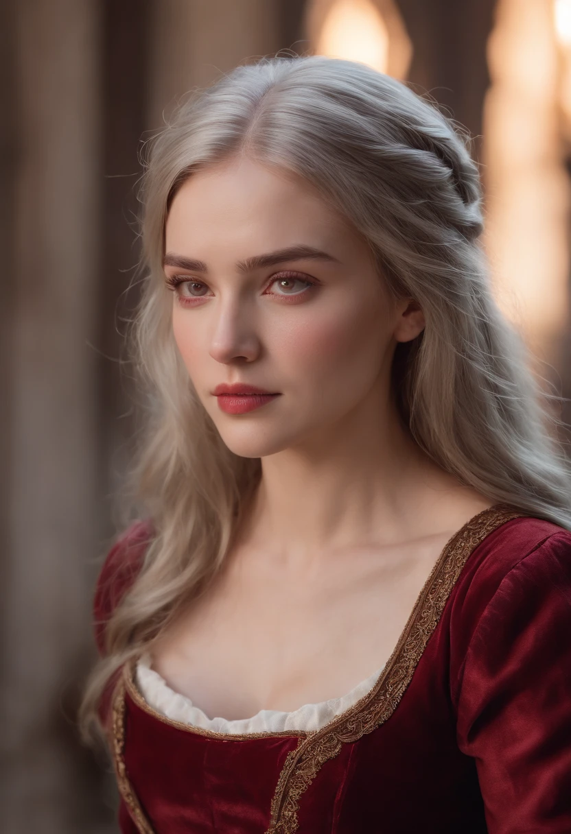 (((A deep red wound streaked across her left cheek))) Fair complexion, A woman around 19 years old, Natural gray hair, Unique green eyes, Wear Cole, Slender and graceful, Beautiful, Candlelight in a medieval setting, super sharp focus, realistic lens, Medieval women's clothing, Four colors (Scar:1.4)