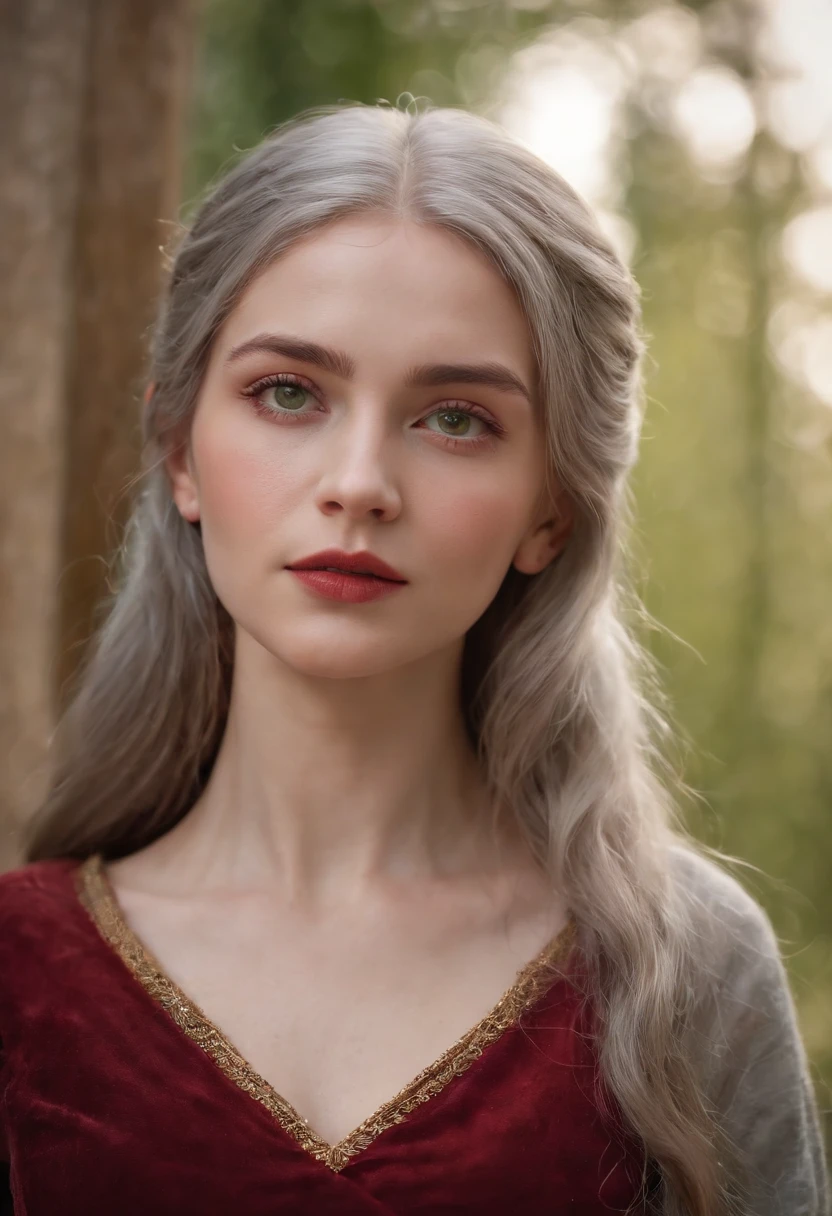 (((A deep red wound streaked across her left cheek))) Fair complexion, A woman around 19 years old, Natural gray hair, Unique green eyes, Wear Cole, Slender and graceful, Beautiful, Candlelight in a medieval setting, super sharp focus, realistic lens, Medieval women's clothing, Four colors (Scar:1.4)