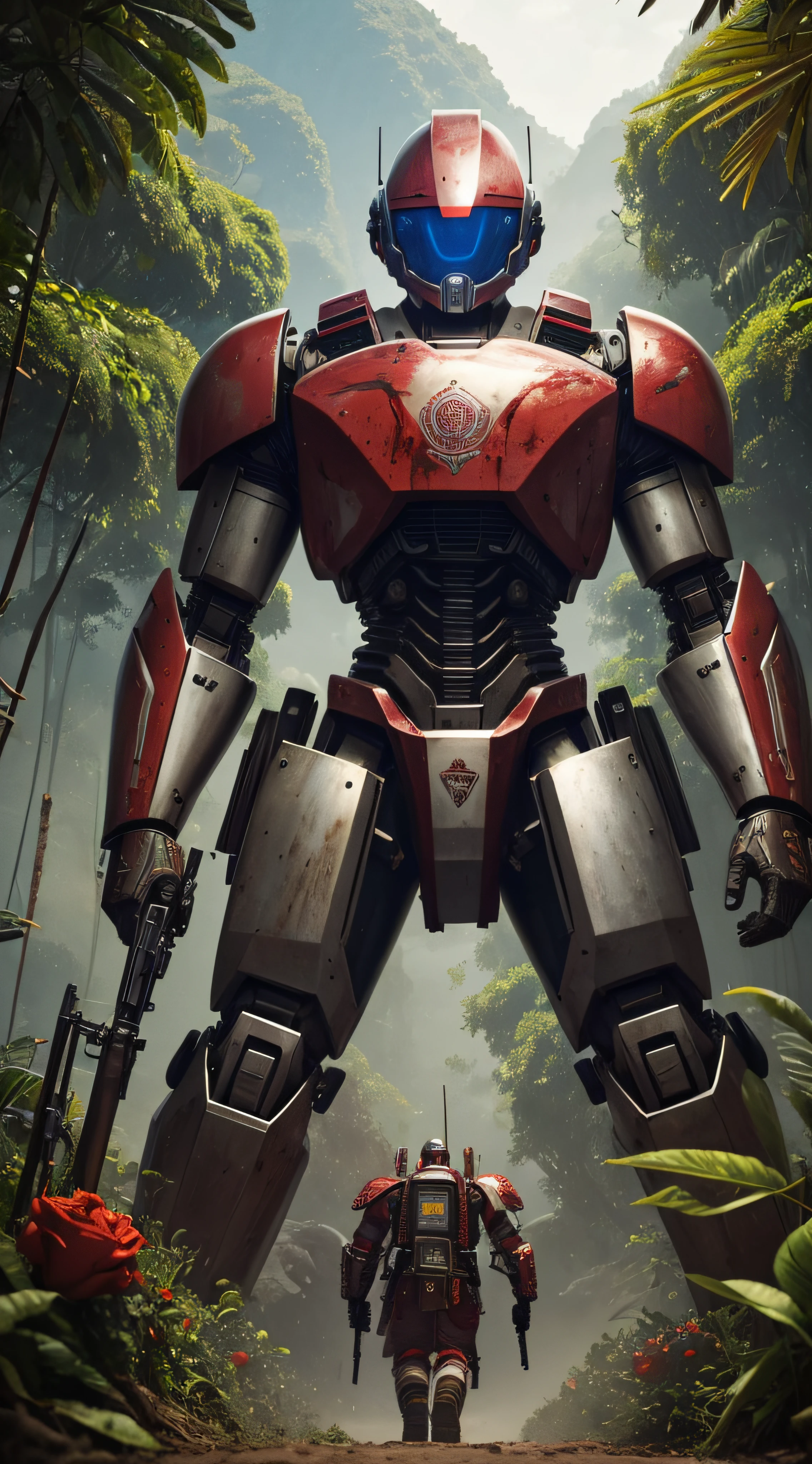 (extremadamente detallado, obra maestra, La mejor calidad, foto antigua, principios de siglo, VHS Aesthetics) Great retro robot with blood in robotic hands. Armas grandes, cannons on his back. motosierras. In the middle of a strange jungle. Vegetables from another dimension. Epic flowers far away, organic trees with meat. Luz noche.