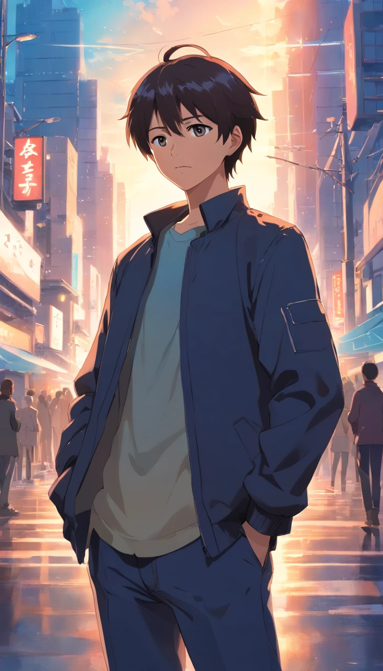 ​masterpiece、Adults、３０Uncle of the generation、twinks、Forehead、30-years old、A dark-haired、Black jacket、Black pants、white t-shirts、Give bangs、Sticking out your forehead、twinks、Eyes drawn in detail、a handsome、Inside the city、starrysky、Mystical light、Dramatic light、Cinematic power、