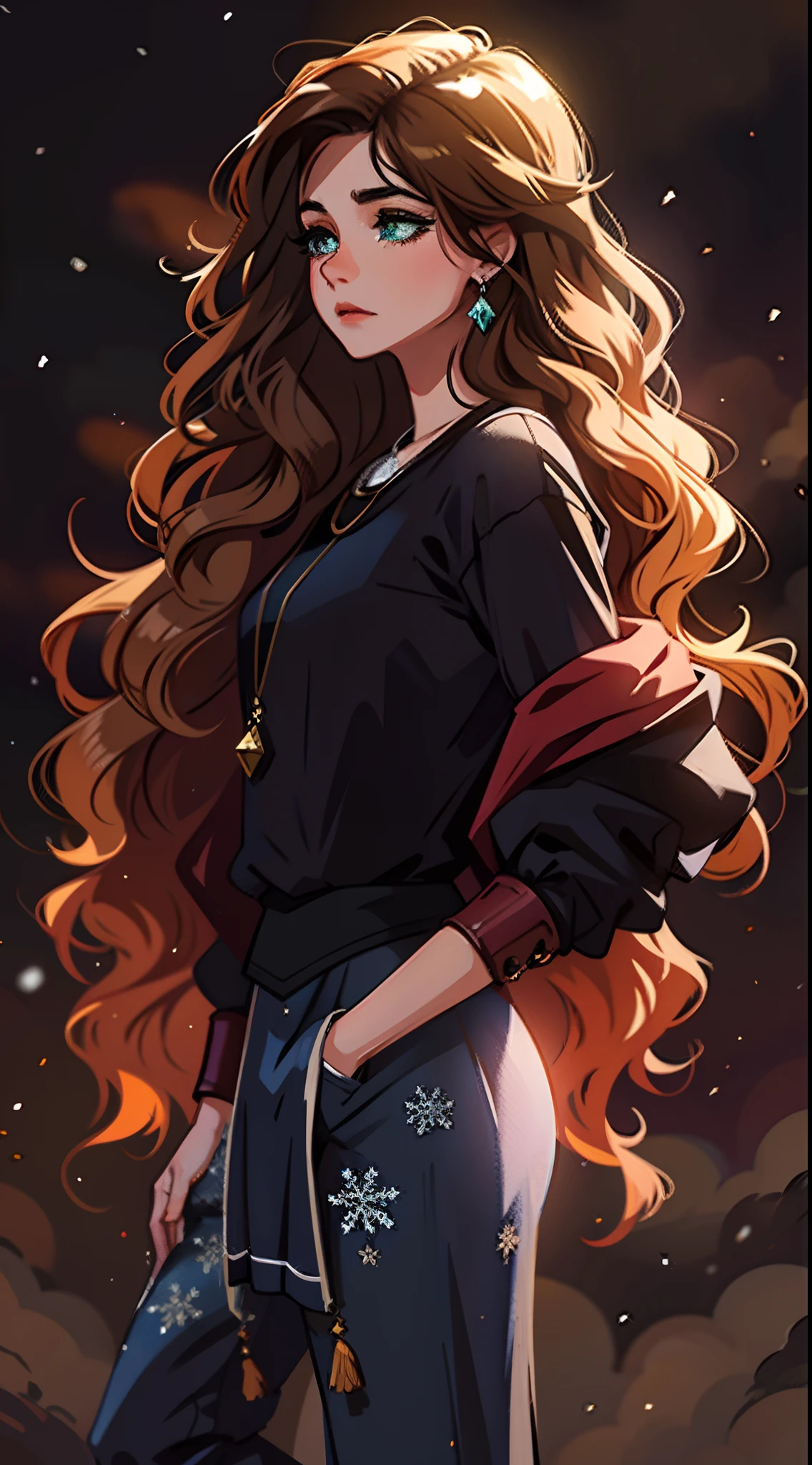 Uma bela mulher de olhos verdes e cabelos castanhos longo ondulado (brown hair) (Detailed strokes) Princess eyes Sexy curvy eyelashes A white background of snowflakes through the air Expressive with a sad look An art for an RPG A medieval art for an RPG