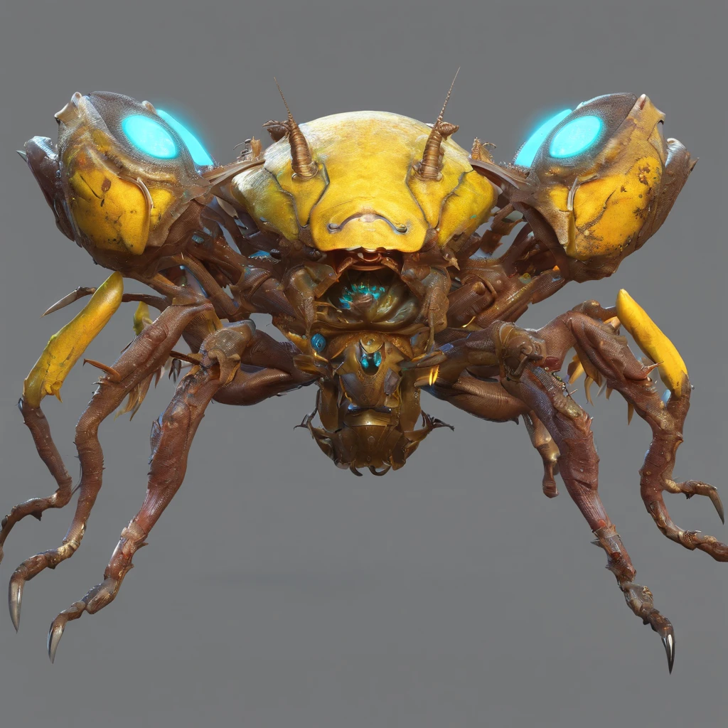 "(best quality,4k,8k,highres,masterpiece:1.2),ultra-detailed,(realistic,photorealistic,photo-realistic:1.37),close-up shot,alien creature,gotcha,yellow,fierce,extraterrestrial insect,mechanical space bug,insectoid,Chitinous,giant sharp fangs,Swarm-like,bio-mechanical face,Mutations creeping in,hive of Zerg,from Starcraft,creepy,grotesque,biological-technological hybrid,monstrous,nanotech-infused demon,meticulous hairy texture,toxic bioluminescent bugs"