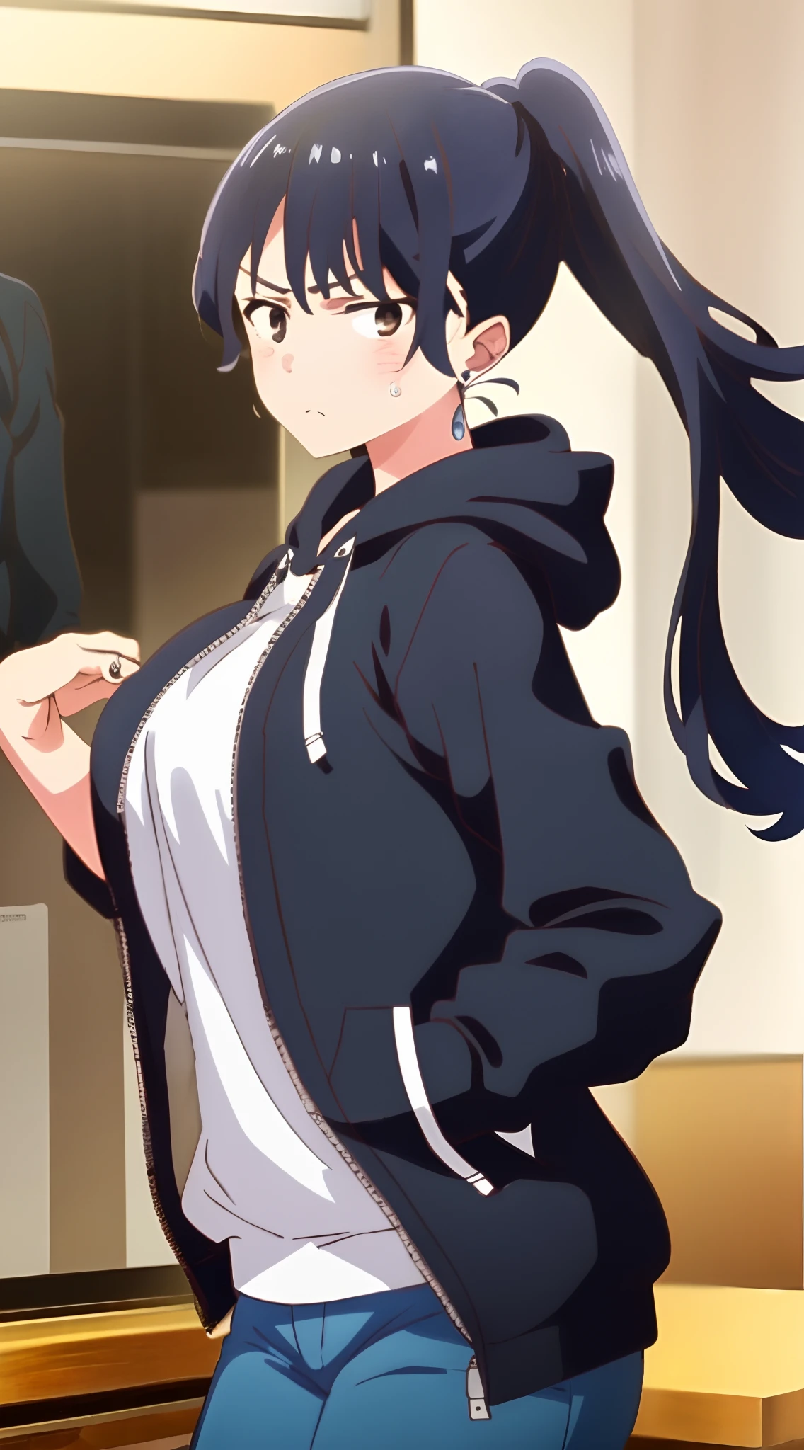 1 girl, beautiful face, big breasts, sexy body, hair tied back, angry face, wearing a hoodie