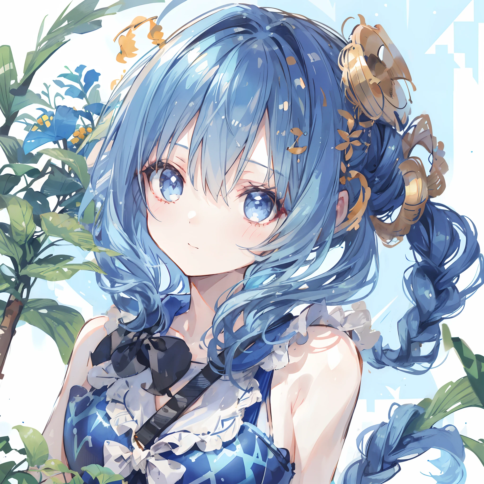 1girl,jungle,:|,beehive hairdo,eye reflection,casual one-piece swimsuit,blue theme hair,