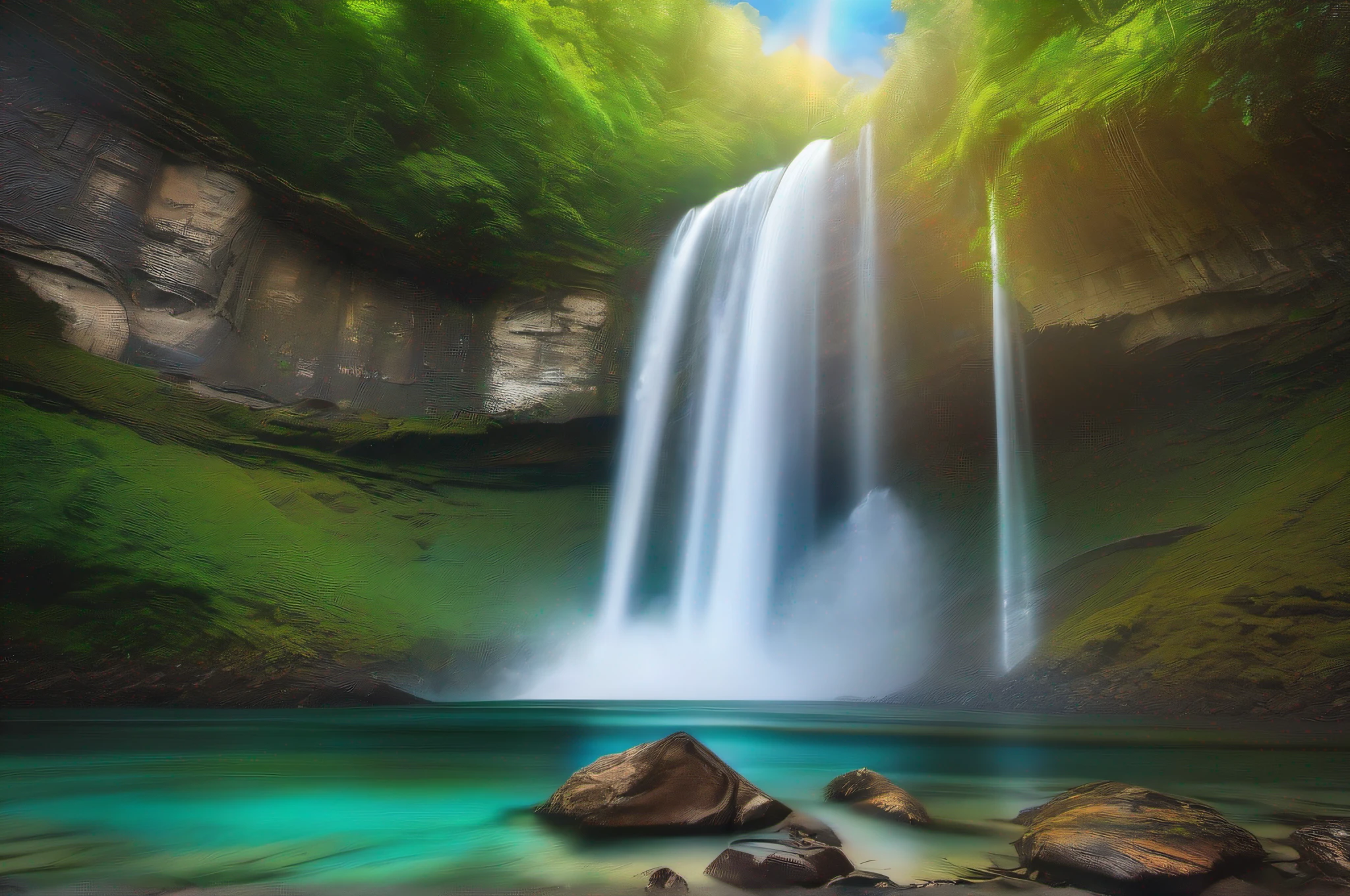 (best quality,highres:1.2),ultra-detailed,realistic,impressive waterfall,flowing water,splashing droplets,majestic scene,natural wonder,nature's power,steep cliffs,lush greenery,sunlight filtering through trees,misty atmosphere,glistening water,roaring sound of cascades,serene and tranquil,sparkling mist,rainbow colors,elusive beauty,magnificent display of water,refreshing sensation,emotional connection,harmony of nature,powerful force of water,invigorating environment,soothing and calming ambiance,mesmerizing view,spectacular landscape,awe-inspiring sight of nature,pure and pristine,tranquil blue pools,adventurous spirit,adrenaline rush,thrilling experience,deep connection with nature,escape from daily life,exhilarating beauty of nature,sense of wonderment,feeling small in the presence of nature's grandeur,unforgettable memory