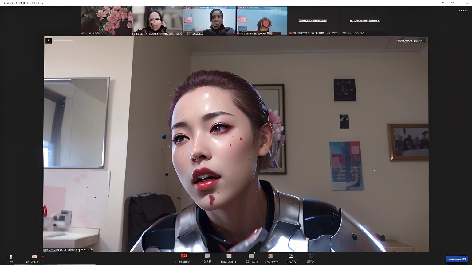 beautiful japanese young woman, wearing ironman armor, thick symmetrical features, very short hair, background is cherry blossoms, pink aura, red lips, octane render,