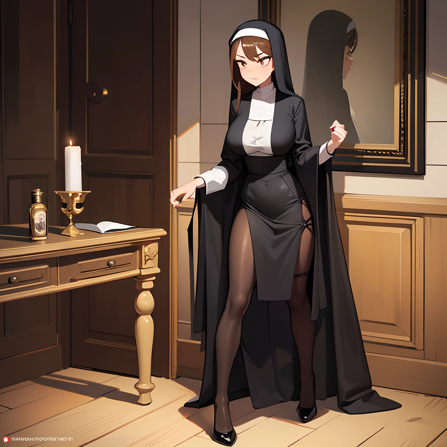 Masterpiece, extremely detailed, Nun, girl, beautiful, the most beautiful girl, long loose golden brown hair, golden eyes, very big breasts, 1.5 meters tall, black habit, short black veil, black shoes, slutty, naughty look, perverted , perfect anatomy, beauty body