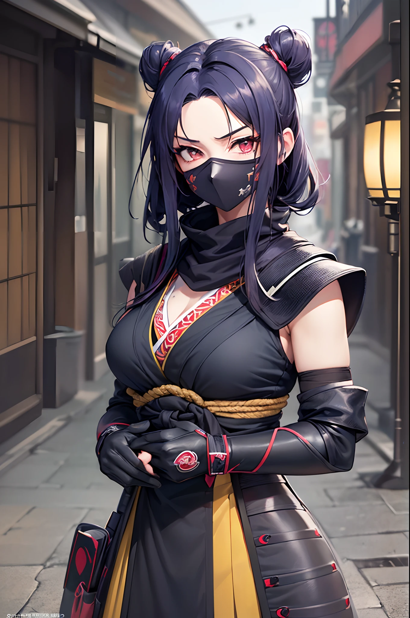 (((Best quality, 8k, Masterpiece: 1.3)), ((best quality)), ((masterpiece)), (detailed), perfect face, black hair, side ponytail, mouth veil, (ninja), female ninja, grim expression, holding a Japanese sword, running in the dark night, ninja costume