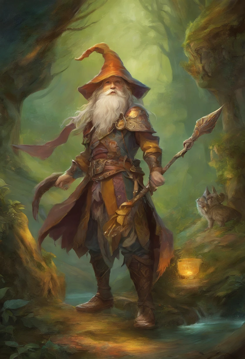 a close up of a figurine of a man with a spear, concept art by Wendy Froud, reddit, fine art, portrait of a gnome called eldon, gnome, evil alchemist gnome, a middle aged elf, gnome druid, dwarf, young half elf wizard, gnome illusionist, giving flasks to other gnomes, an alchemist gnome