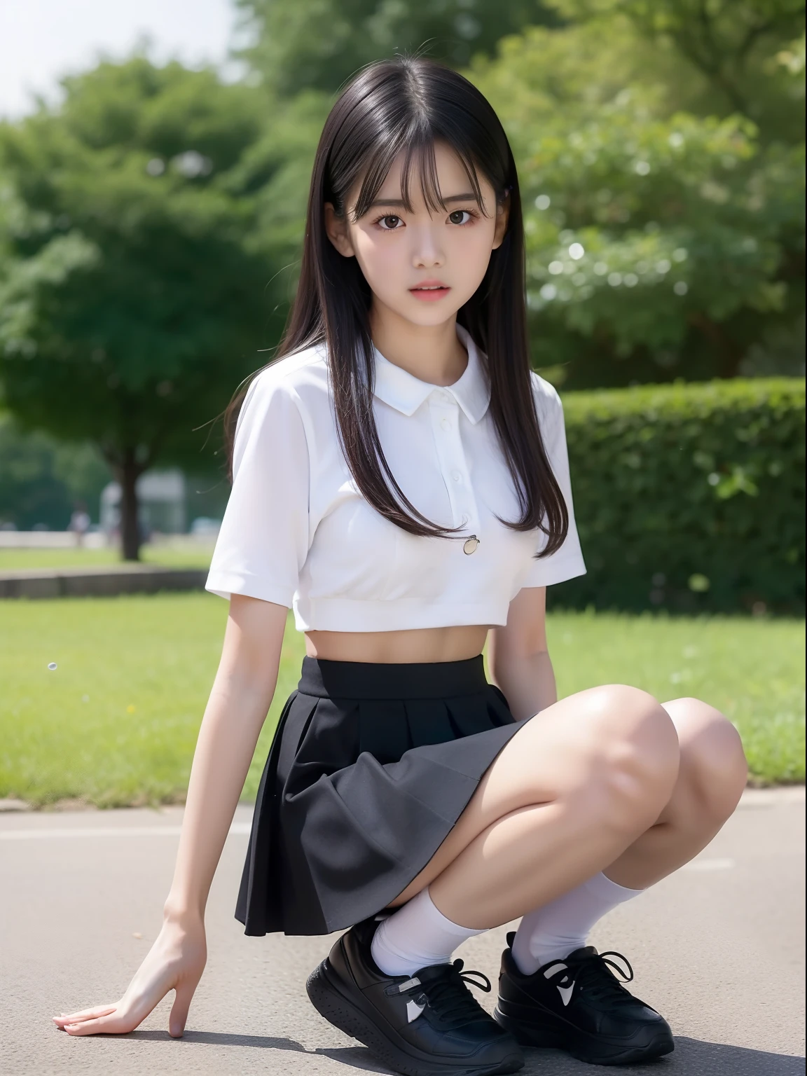 a park,Knees,small tits,pleatedskirt,Crop Top Look,年轻,s girl,A dark-haired,Twin-tailed,小柄,Short stature,pupils on,uneasy