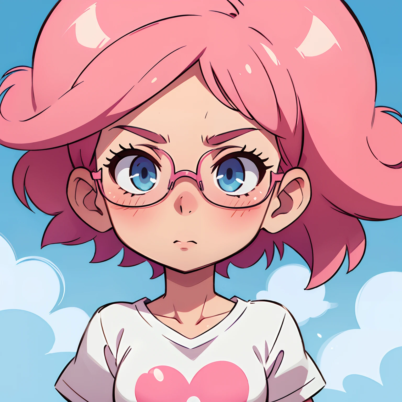 Pink hair, blue eyes, black glasses, very short haircut, fair skin, pink lips, white oversized t-shirt