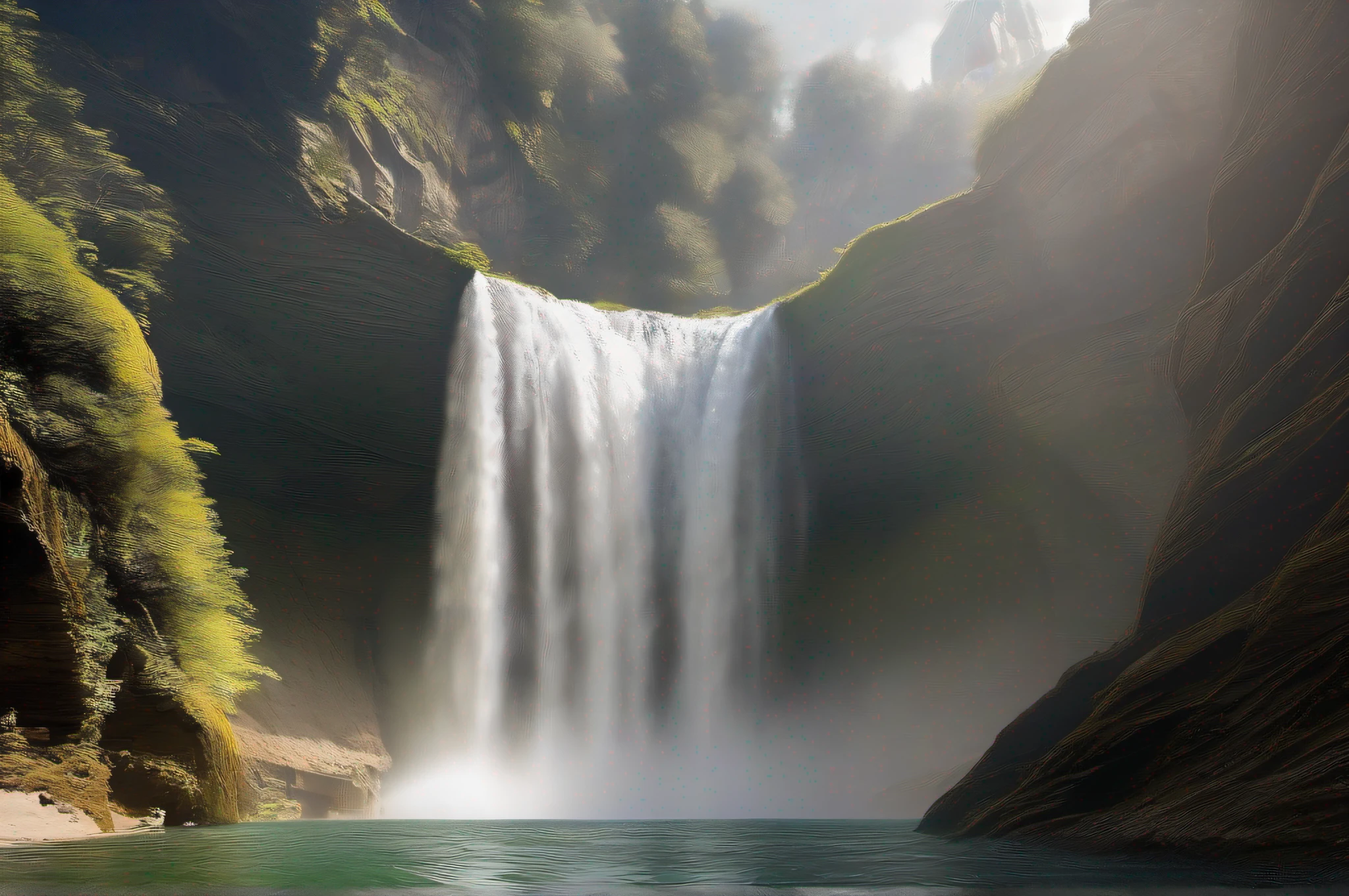 (best quality, 4k, high resolution), (masterpiece: 1.2), (ultra detailed: 1.3), (realistic: 1.4), landscape,there is a waterfall coming out of a cave into a river, waterfall cave, cave with waterfall, inside a waterfall, in a cave with the waterfall, alien waterfall, under a waterfall, solitude under a waterfall, under waterfall, standing inside a waterfall, waterfall below, portal to another world, waterfall falling into a lake, next to a waterfall, waterfall falling down