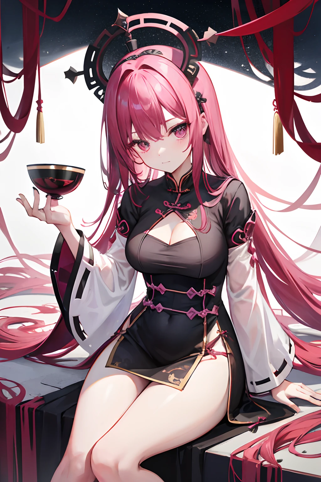 Dark pink hair,with long coiled hair,Black belly,veneno,Dark Royal Sister,Hanfu,show legs,China-style,Black cheongsam,poison