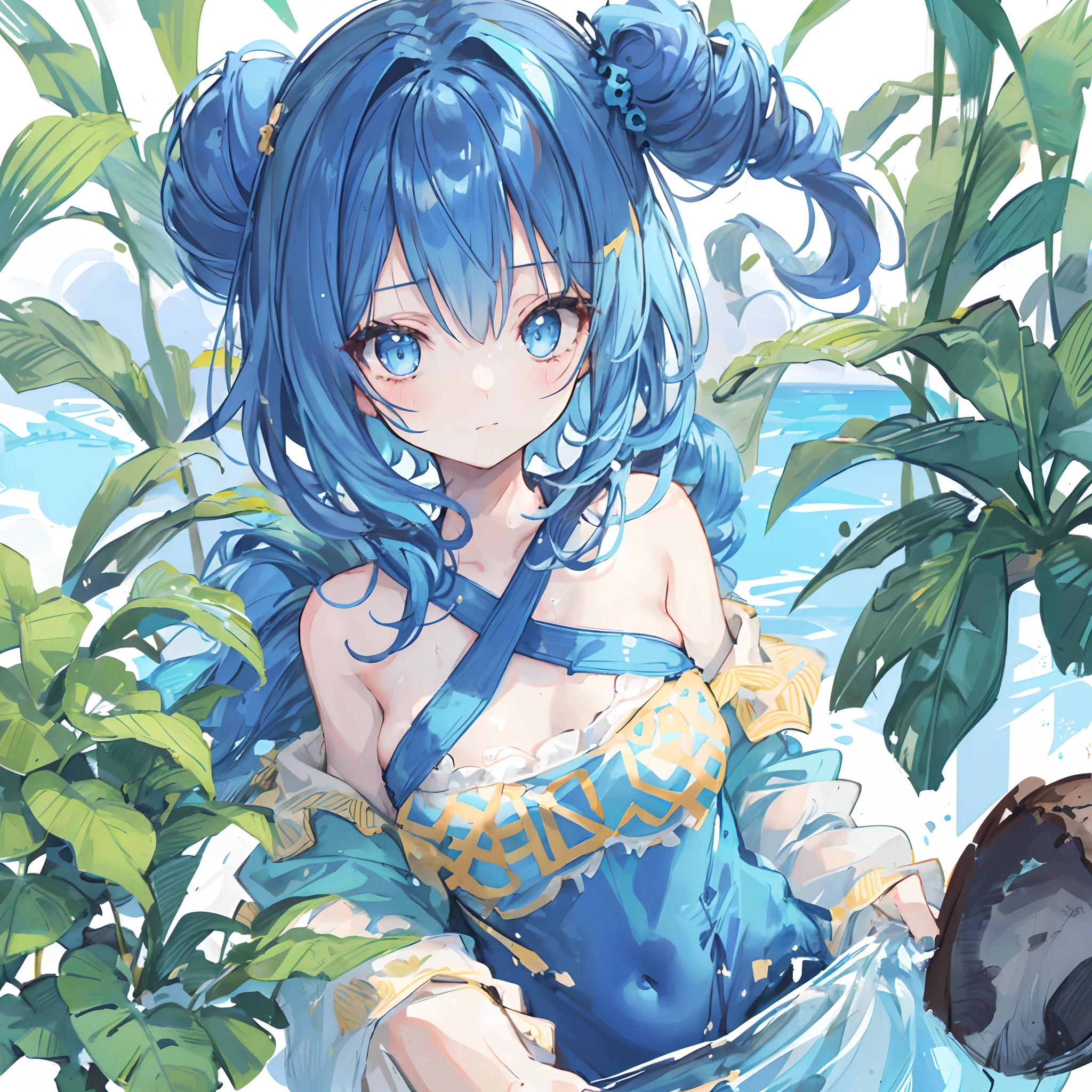 1girl,jungle,:|,beehive hairdo,eye reflection,casual one-piece swimsuit,blue theme hair,