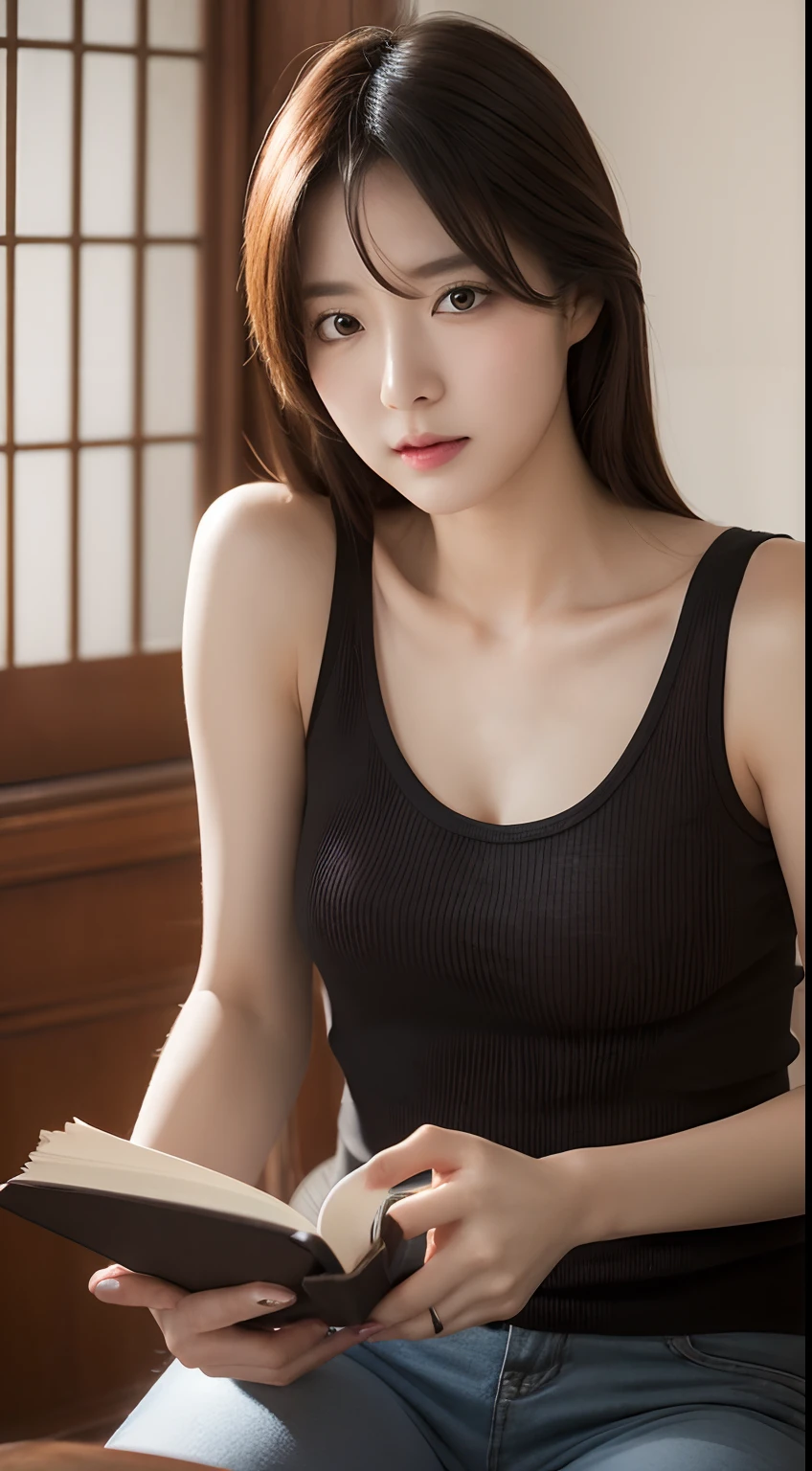 Realistic photos of (1 cute Korean star) hair over one eye, thin makeup, 32 inch breasts size, wearing tank top, reading a book, in the room, ray tracing, upper body portrait, UHD