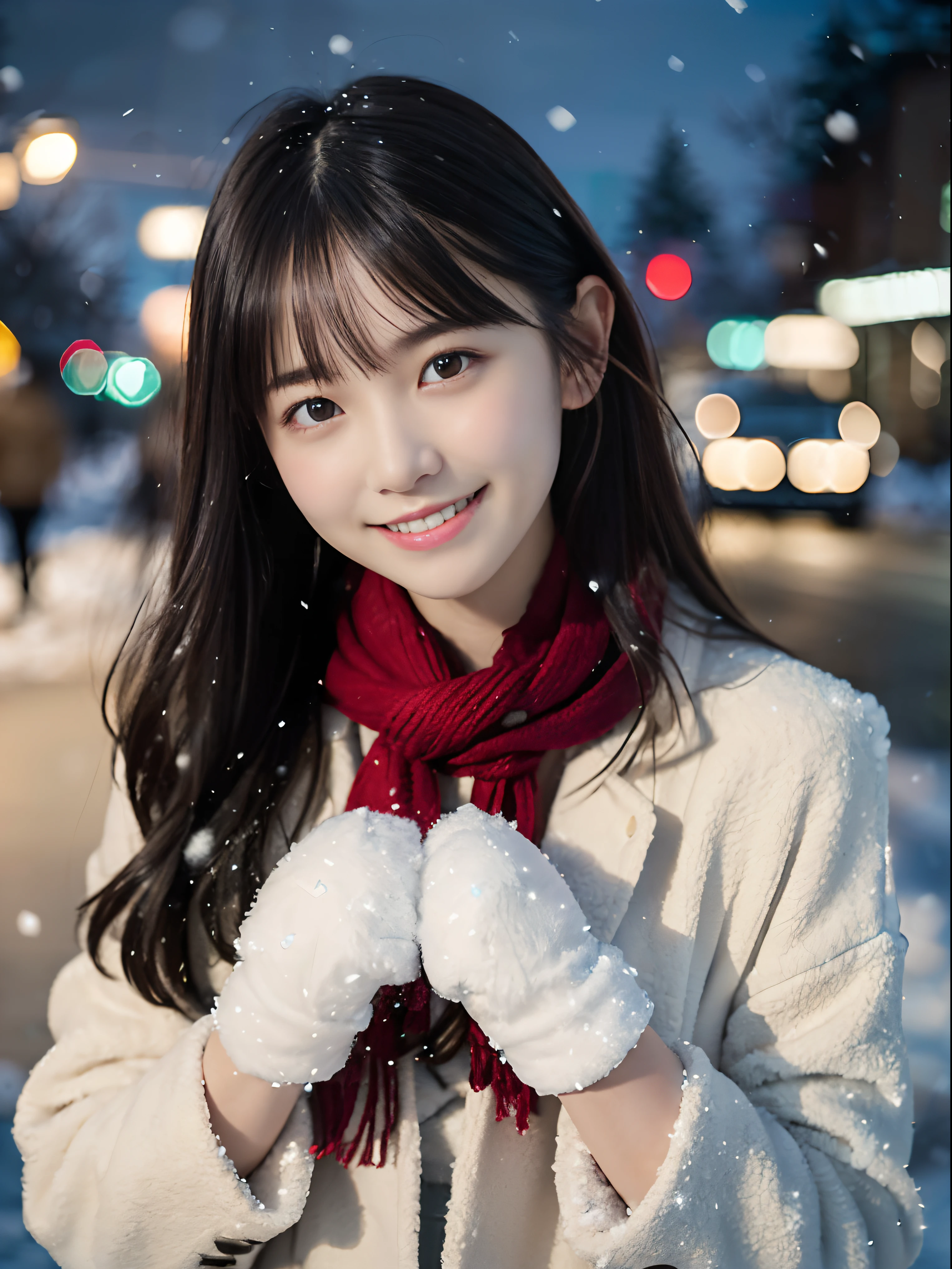 (Close-up portrait of one girl has long hair with dull bangs in a winter uniform and scarf coat:1.5)、(One girl with a shy smile has a gift box in hand with gloves:1.5)、(Snowing winter night street corner with Christmas lights:1.5)、(Perfect Anatomy:1.3)、(No mask:1.3)、(complete fingers:1.3)、Photorealistic、Photography、masutepiece、top-quality、High resolution, delicate and pretty、face perfect、Beautiful detailed eyes、Fair skin、Real Human Skin、pores、((thin legs))、(Dark hair)
