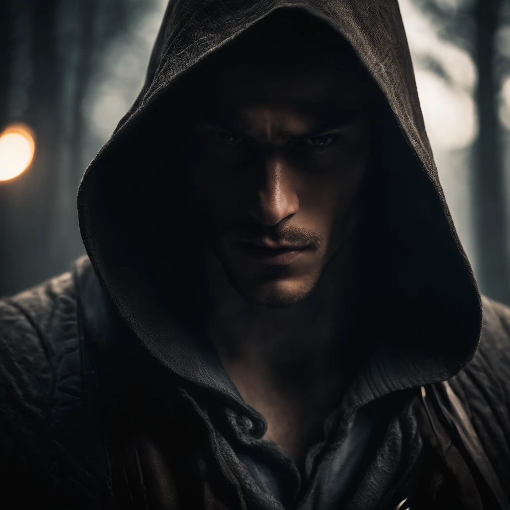 The Young Man in the Hood, Tension above the eyes,long wavy hair from under the hood, diffused light,Fog in the background,The style of the game Assassin Creed