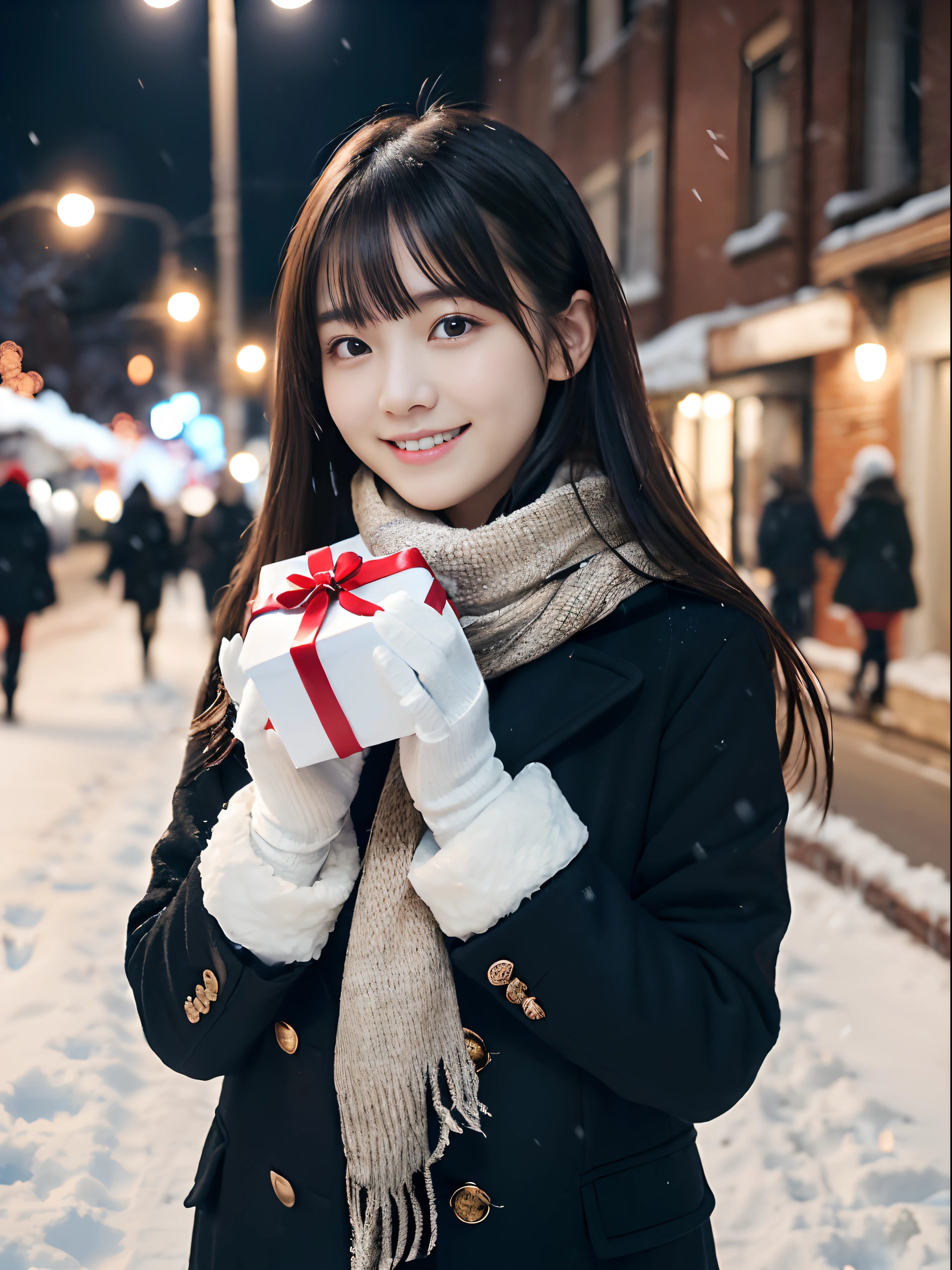 (A close-up of one girl is、Has long hair with dull bangs in a winter uniform and scarf coat:1.5)、(One girl with a shy smile、Holding a gift box with gloves in hand:1.5)、(Snowy winter night street corner and Christmas lights:1.5)、(Perfect Anatomy:1.3)、(No mask:1.3)、(complete fingers:1.3)、Photorealistic、Photography、masutepiece、top-quality、High resolution, delicate and pretty、face perfect、Beautiful detailed eyes、Fair skin、Real Human Skin、pores、((thin legs))、(Dark hair)