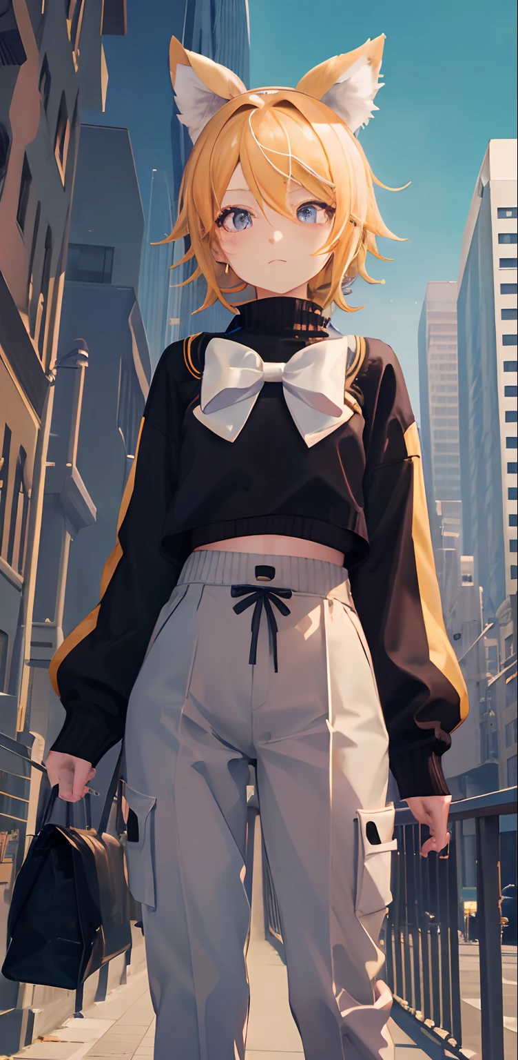 master piece, best quality, absurdities, perfect ???????, 1 girl, alone, Kagamine Rin, short fur, bow, pullover, ribbed sweater, long sleeves, high waist pants, outdoors, city