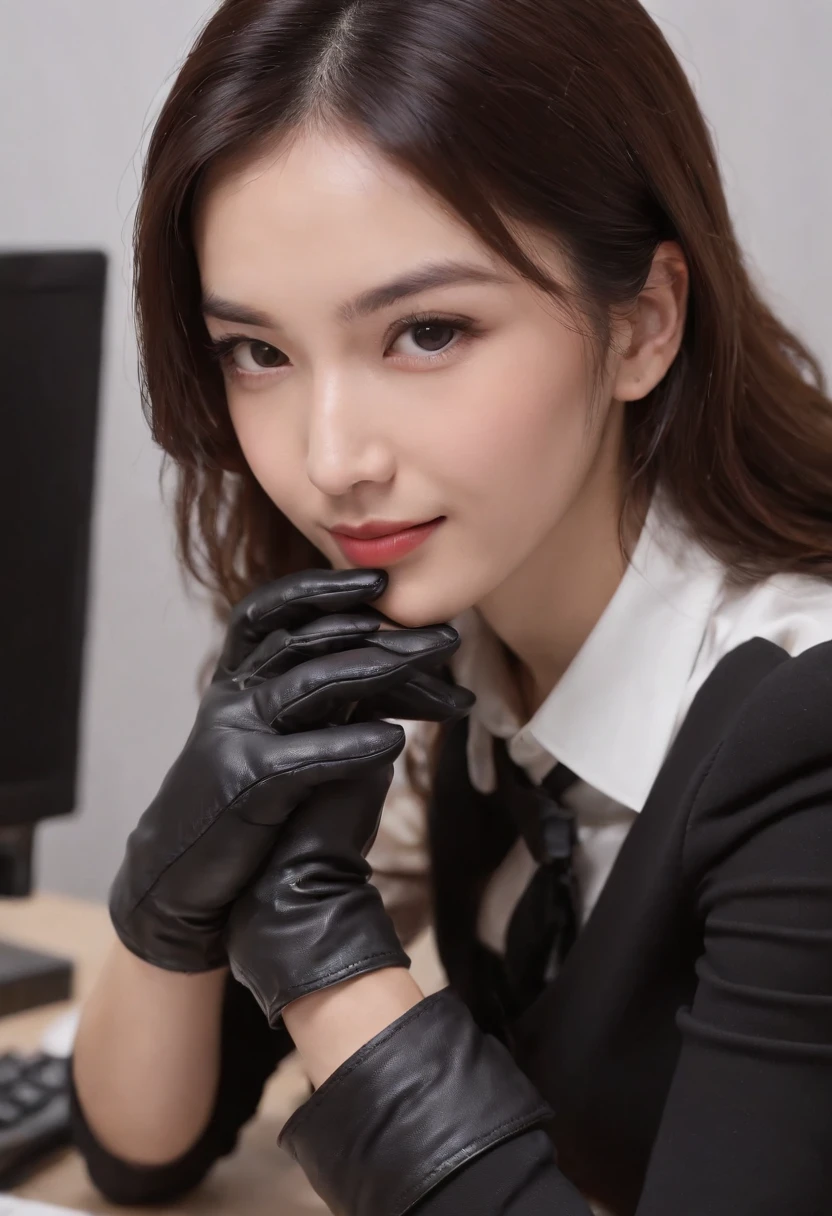 Wearing black leather gloves on both hands, Upper body, Black business suit, Facing the desk in my room with a computer in the dark, Look down and smile, Use a fountain pen to write a letter, Black hair was tied back for a long time, Still young and very cute Japan female new employee (Black leather gloves cover both hands)Gentle smile looking at the camera、Black leather gloves to do the job