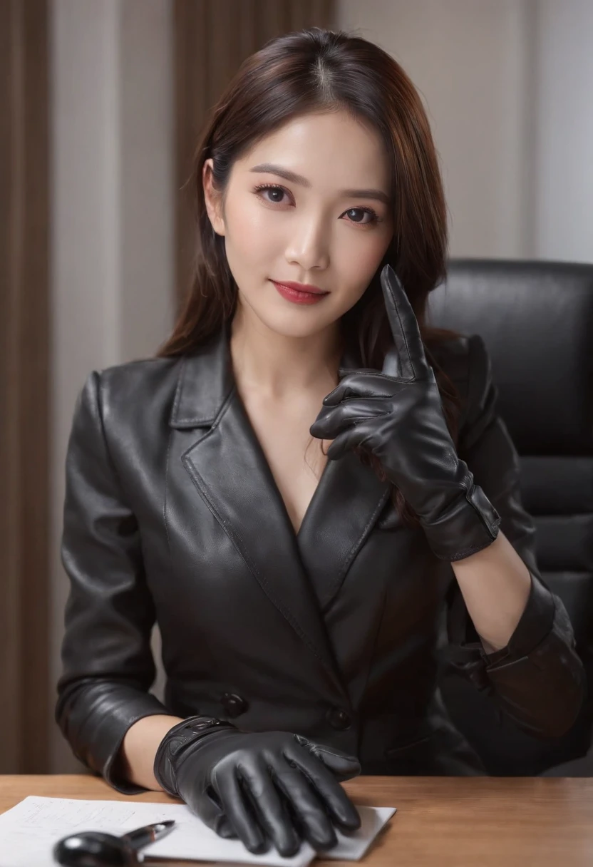 Wearing black leather gloves on both hands, Upper body, Black business suit, Facing the desk in my room with a computer in the dark, Look down and smile, Use a fountain pen to write a letter, Black hair was tied back for a long time, Still young and very cute Japan female new employee (Black leather gloves cover both hands)Gentle smile looking at the camera、Black leather gloves to do the job