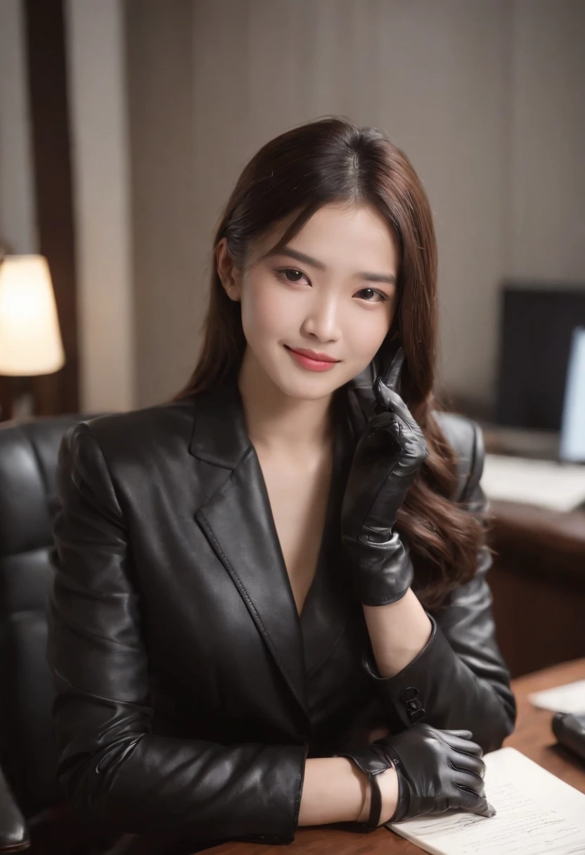 Wearing black leather gloves on both hands, Upper body, Black business suit, Facing the desk in my room with a computer in the dark, Look down and smile, Use a fountain pen to write a letter, Black hair was tied back for a long time, Still young and very cute Japan female new employee (Black leather gloves cover both hands)Gentle smile looking at the camera、Black leather gloves to do the job