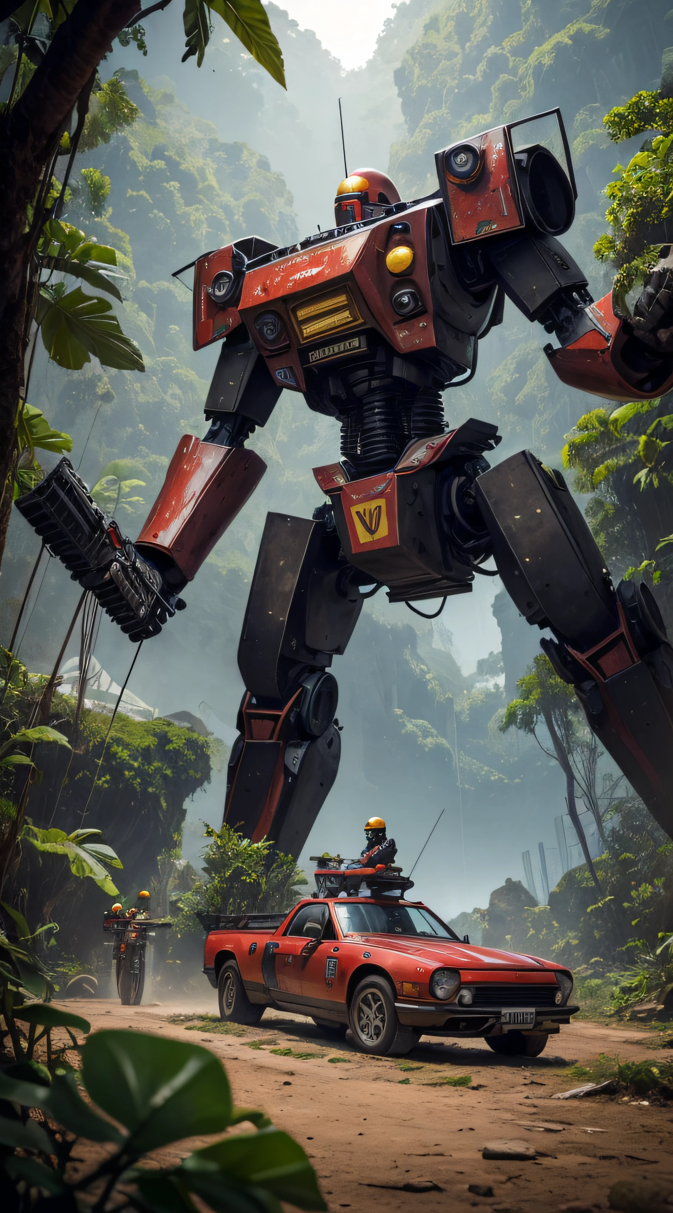 (extremadamente detallado, obra maestra, La mejor calidad, foto antigua, principios de siglo, VHS Aesthetics) Great retro robot with blood in robotic hands. Armas grandes, cannons on his back. motosierras. In the middle of a strange jungle. Vegetables from another dimension. Epic flowers far away, organic trees with meat. Luz noche.