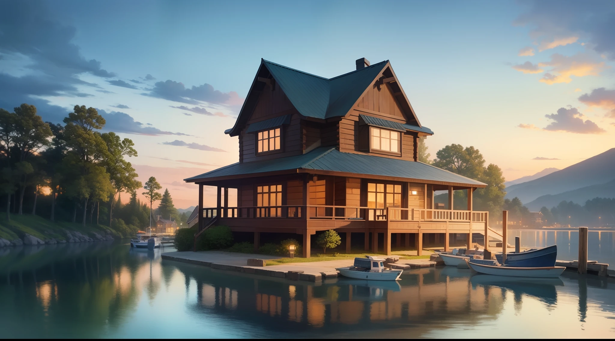 Painting of a ship docked at the pier,There is a house on the shore, Lakeside villas, beautiful artist rendering, beautiful detailed scene, Beautiful rendering, idyllic cottage, author:Stan Stokes, painting of beautiful, log cabin, author:Howard Lyon, wooden cabin, calm evening, peaceful scene, Detailed realistic painting, detailed 4 k oil painting, Highly detailed painting, scenery art detailed