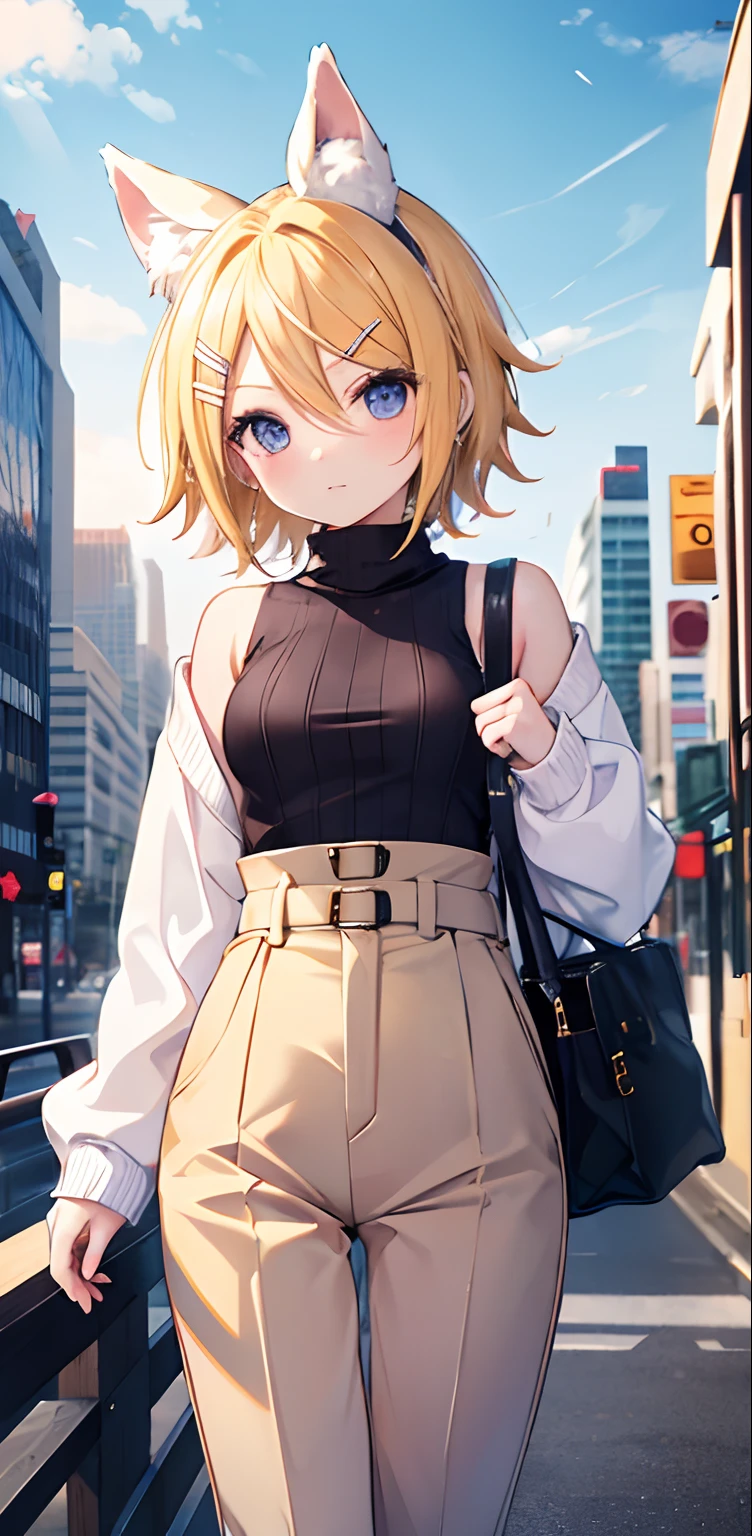master piece, best quality, absurdities, perfect ???????, 1 girl, alone, Kagamine Rin, short fur, bow, pullover, ribbed sweater, long sleeves, high waist pants, outdoors, city
