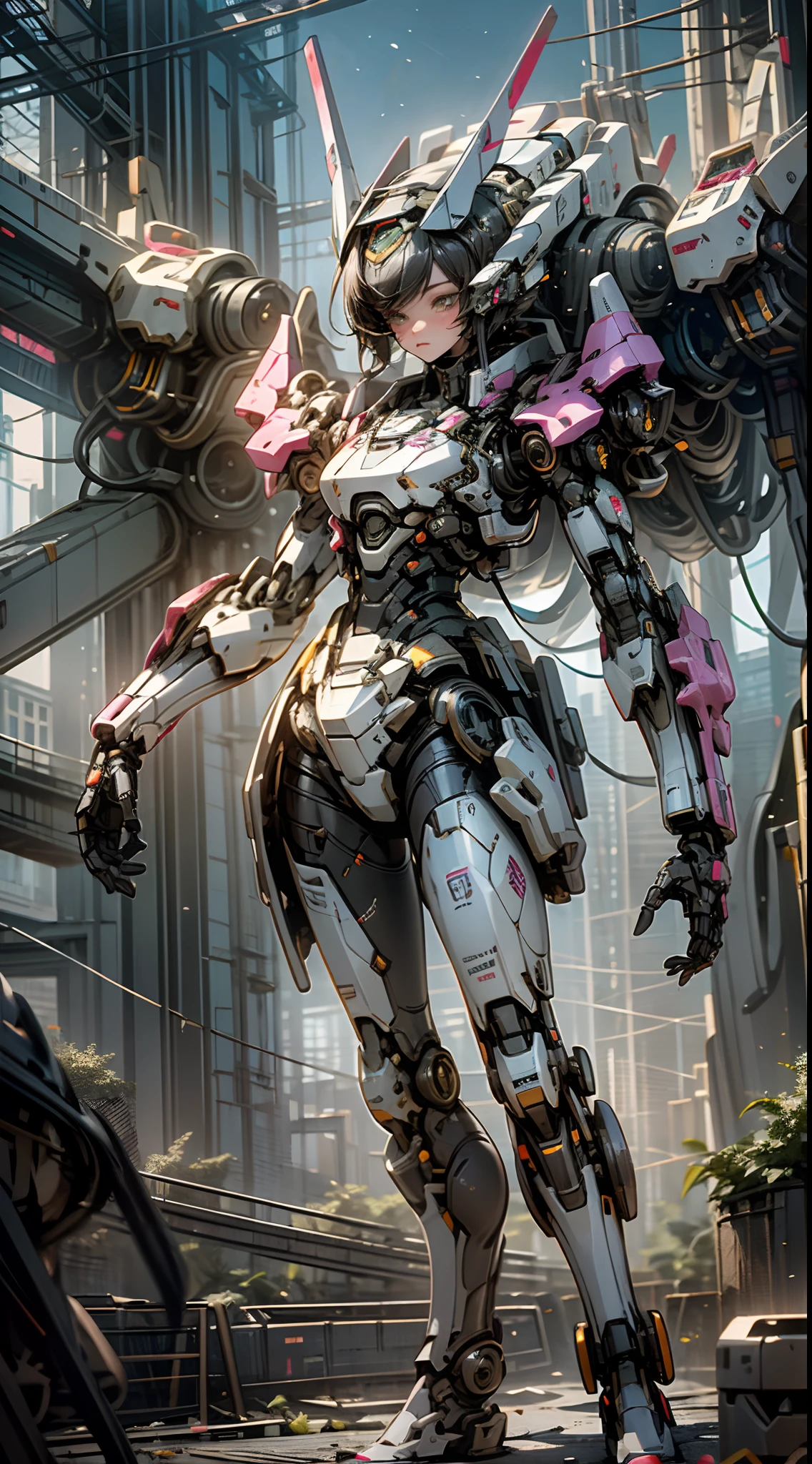 ((Best Quality)), ((Masterpiece)), (Very Detailed:1.3), 3D, Shitu-mecha, Beautiful cyberpunk woman with her pink mech in the ruins of a city in the forgotten war, Ancient technology, HDR (High Dynamic Range), ray tracing, NVIDIA RTX, super resolution, unreal 5, subsurface scattering, PBR texture, post-processing, anisotropic filtering, depth of field, maximum sharpness and sharpness, multi-layer texture, albedo and highlight maps, surface shading, Accurate simulation of light-material interactions, perfect proportions, octane rendering, duotone lighting, low ISO, white balance, rule of thirds, wide aperture, 8K RAW, high efficiency sub-pixels, subpixel convolution, luminous particles, light scattering, tyndall effect (whole body), (delicate facial features), (perfect face), dynamic angles.