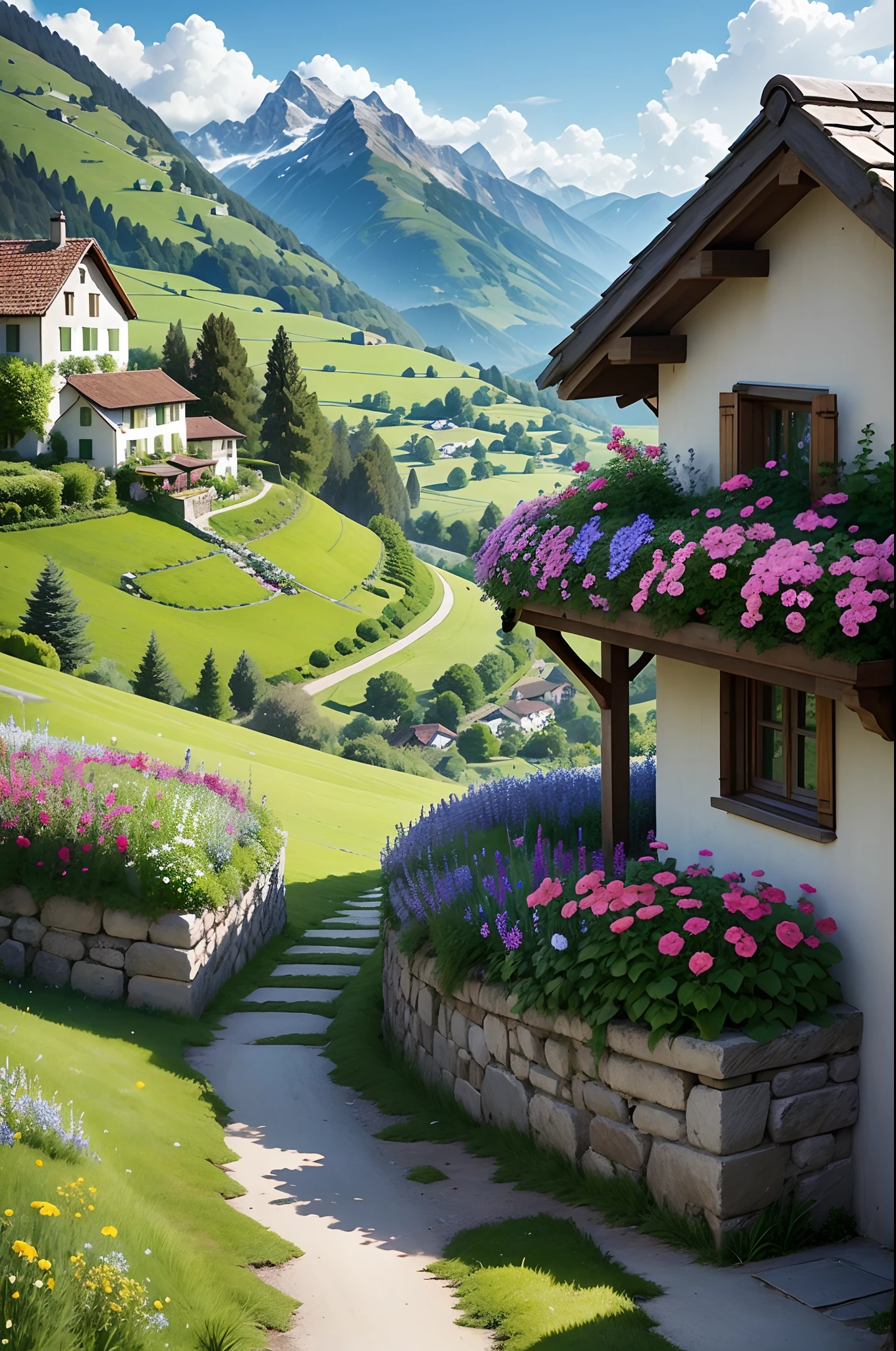 Peaceful and idyllic countryside, Rolling green hills dotted with grazing sheep, Charming villa，Set amidst vibrant flowers, Clear blue sky overhead, Evokes a sense of peace and simplicity, Valle encantador, switzerland, patches of green fields, lush countryside, Valle exuberante,An idyllic village in Milan,，verdant green fields，above a village，Rolling terraces，Colorful garden of flowers and plants，Alpine scenery in the Swiss countryside under the Alps，Carl Sessel Bern，Majestic nature, Swiss architecture, lindo cenario, rios，waterfallr