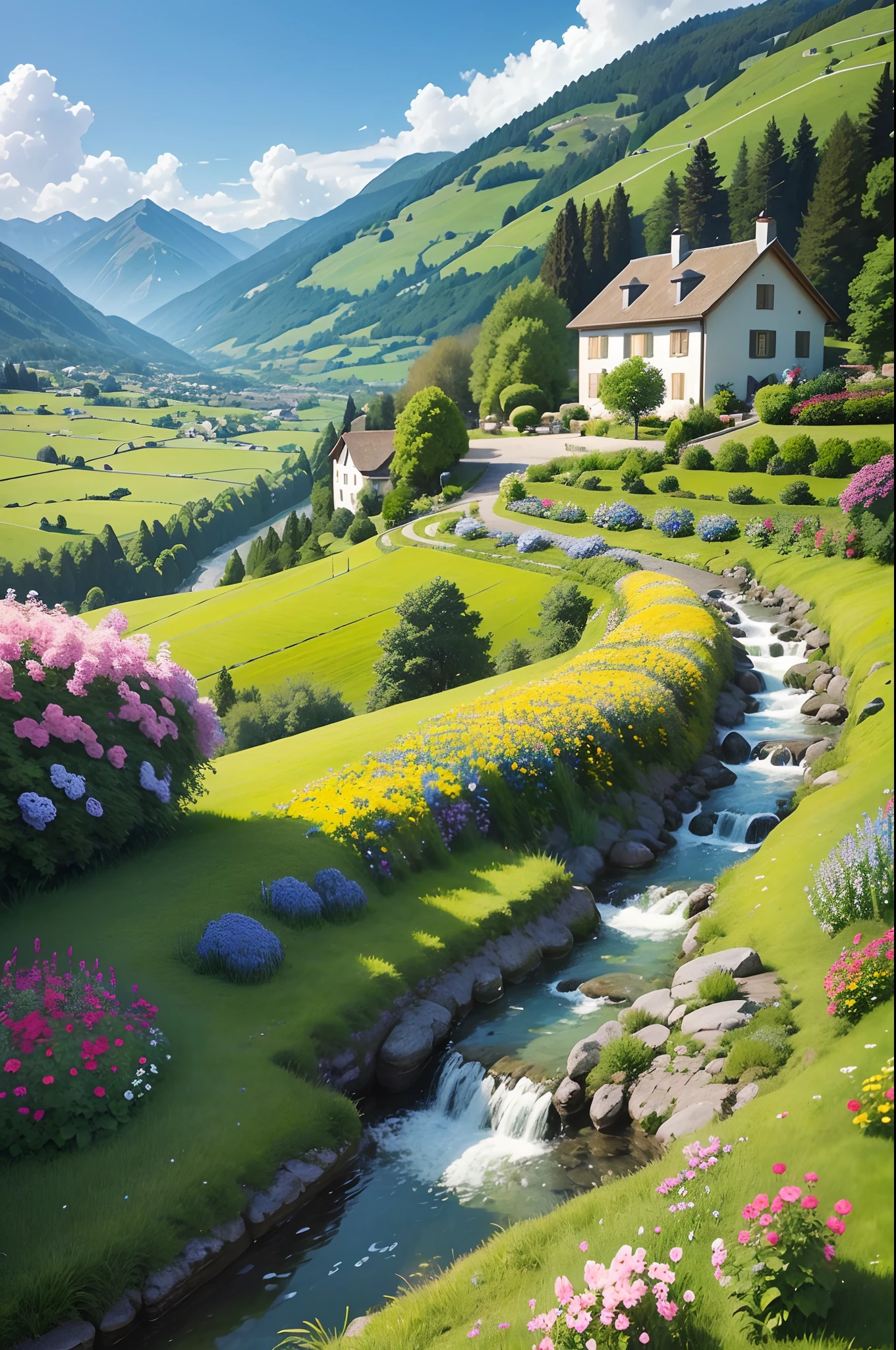 Peaceful and idyllic countryside, Rolling green hills dotted with grazing sheep, Charming villa，Set amidst vibrant flowers, Clear blue sky overhead, Evokes a sense of peace and simplicity, Valle encantador, switzerland, patches of green fields, lush countryside, Valle exuberante,An idyllic village in Milan,，verdant green fields，above a village，Rolling terraces，Colorful garden of flowers and plants，Alpine scenery in the Swiss countryside under the Alps，Carl Sessel Bern，Majestic nature, Swiss architecture, lindo cenario, rios，waterfallr