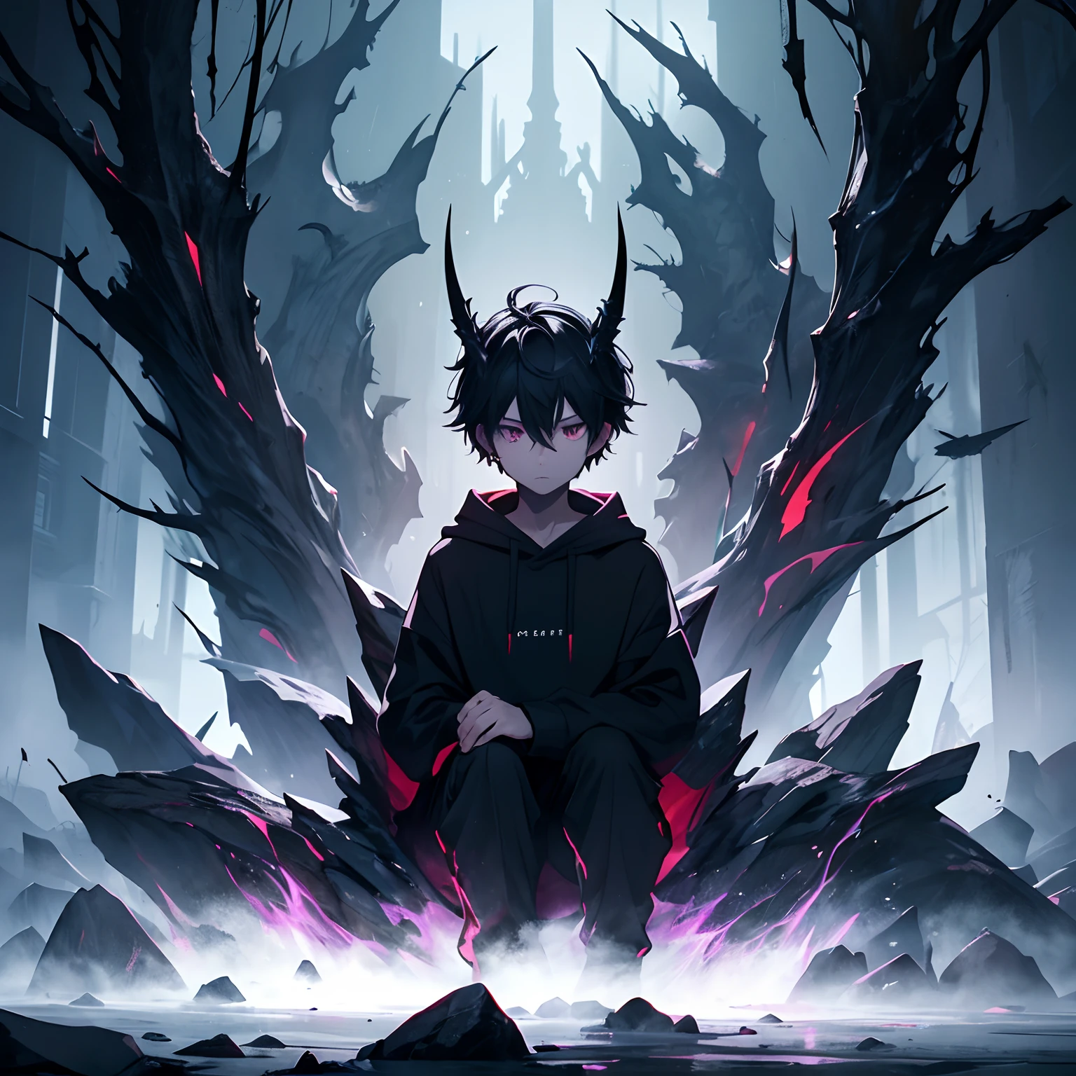 A young boy sits in solitude, donning a black hoodie that engulfs his frame. His piercing eyes, filled with a mysterious intensity, gaze out from beneath the shadow of devil horns that protrude from his head. He exudes an aura of both darkness and intrigue, his presence captivating all who dare to look upon him. The plain black pants he wears serve as a stark contrast to the ethereal energy that surrounds him.
[3] The scene takes place against the backdrop of a vast, swirling sky. Shades of deep purple and fiery red merge together, creating an otherworldly atmosphere. The clouds seem to form intricate patterns, mirroring the boy's enigmatic nature. A faint glow emanates from the horizon, adding an eerie yet captivating glow to the scene.
[4] The mood is one of introspection and mystery. As the boy sits in contemplation, his eyes seem to hold secrets untold, as if he carries the weight of both light and darkness within him. The sky above reflects his inner turmoil, a juxtaposition of chaos and tranquility. It is a moment frozen in time, where the boundaries between the earthly realm and the supernatural blur.
[5] Style: Digital painting with a touch of dark fantasy
[6] The boy wearing a black hoodie and devil horns will be depicted through a digital painting that explores the realm of dark fantasy. The use of deep, rich colors will enhance the enigmatic atmosphere, with particular attention given to the swirling sky and the intricate details of the devil horns. The boy's expression will radiate a sense of mystery and depth, drawing the viewer into his world. The final artwork will evoke a sense of intrigue and curiosity, inviting viewers to uncover the secrets hidden within the boy's gaze.