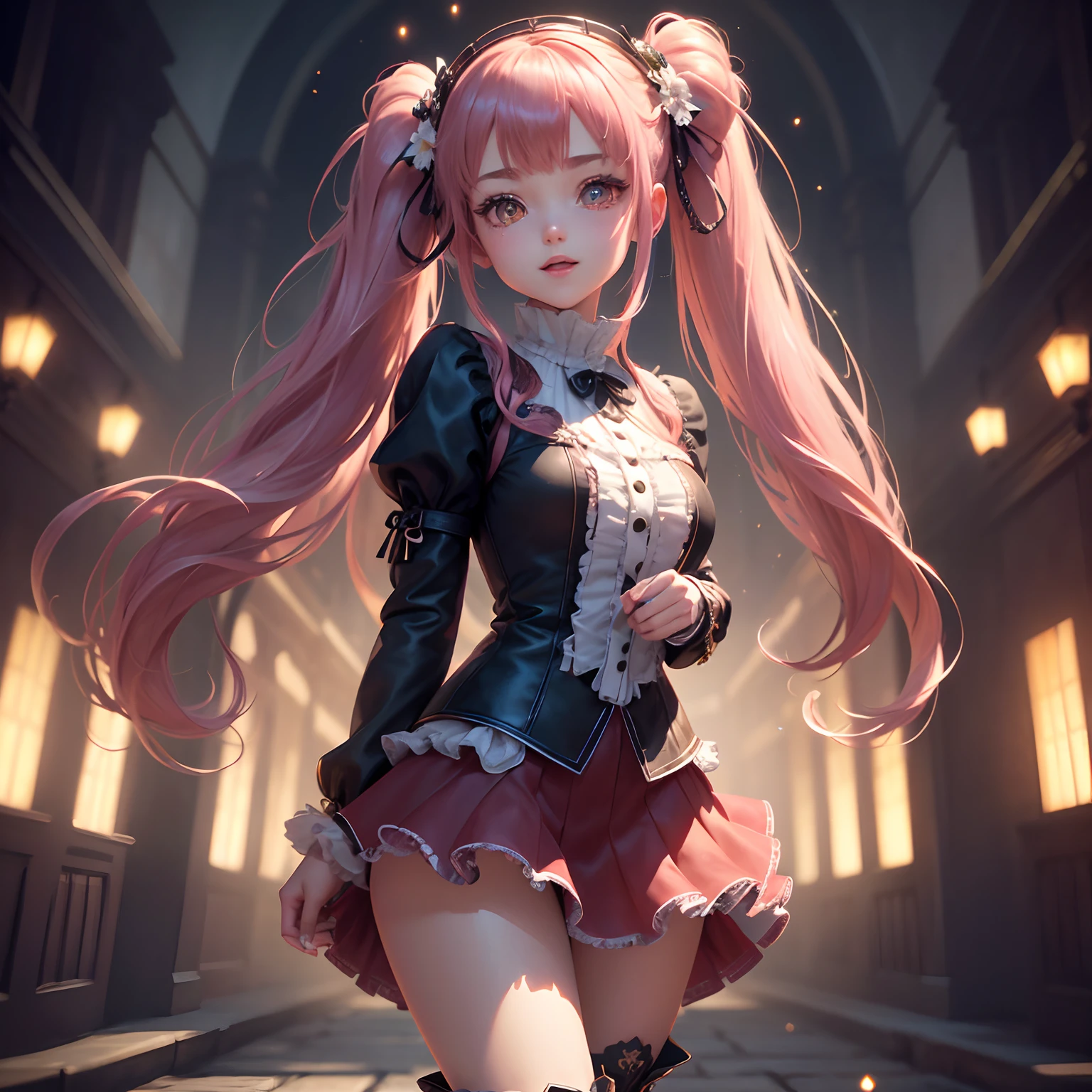 ((Layered Layer Skirt B，))((Raid boots，))(fullllbody, Legs and shoes are visible: 1.2)) Expressive eyes, Woman, pale skin, Long hair, wind blown hair, ((Long hair)), long sidelocks, princess bangs, Hair fringe, Hair bun, ((Long twintails)), flame hair, Red hair, Blushing, Full face blush, Big glowing red eyes, (Gradient Eyes), Smile with open mouth, Cute Pose,
(Pom Pom Ribbon Hair Ornament : 1.4)),  (Heart-shaped leg garter), Cute((Highly detailed clothes and fashion)) looking at you, Vintage Girl, Blushing, (Beautiful detailed eyes), (the Extremely Detailed CG Unity 8K Wallpapers) (Best Shadow), ((extremely delicate and beautiful)), (Detailed light), ((depth of fields)) Big head, Big sparkling eyes, Moe, Splash Art, Cinematic lighting, Frontal view, volume, illuminating, Maxism, photoillustration, 64k resolution, hight resolution, intricate and detailed, Complex keys, visuals, correct, linear 
((On the background of a dark palace, Surrounded by expensive decorations, shooting stars)) ((Ultra-detailed landscapes, Foggy, darkness : 1.3))