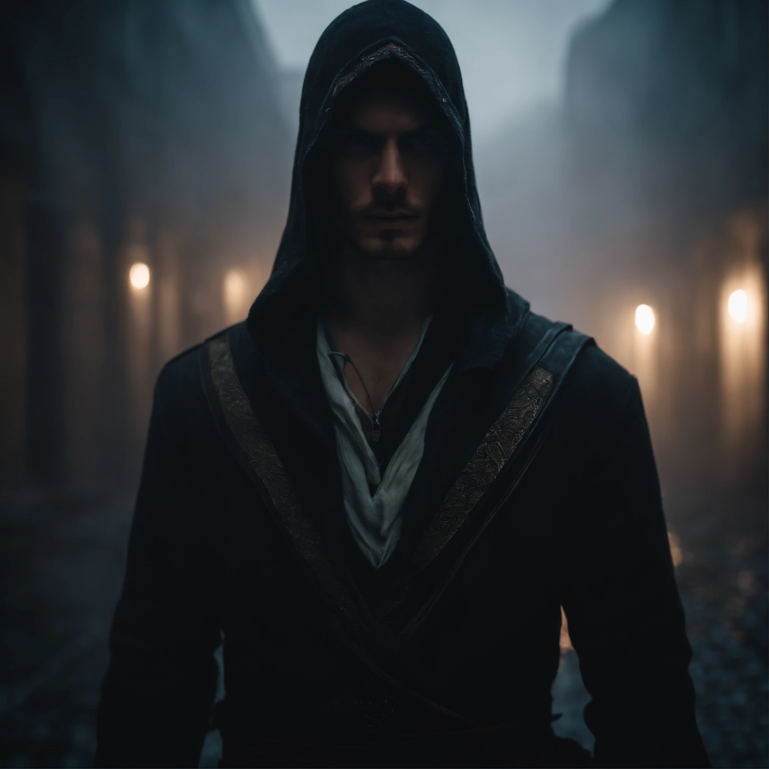 The Young Man in the Hood, Tension above the eyes,long wavy hair from under the hood, diffused light,Fog in the background,The style of the game Assassin Creed