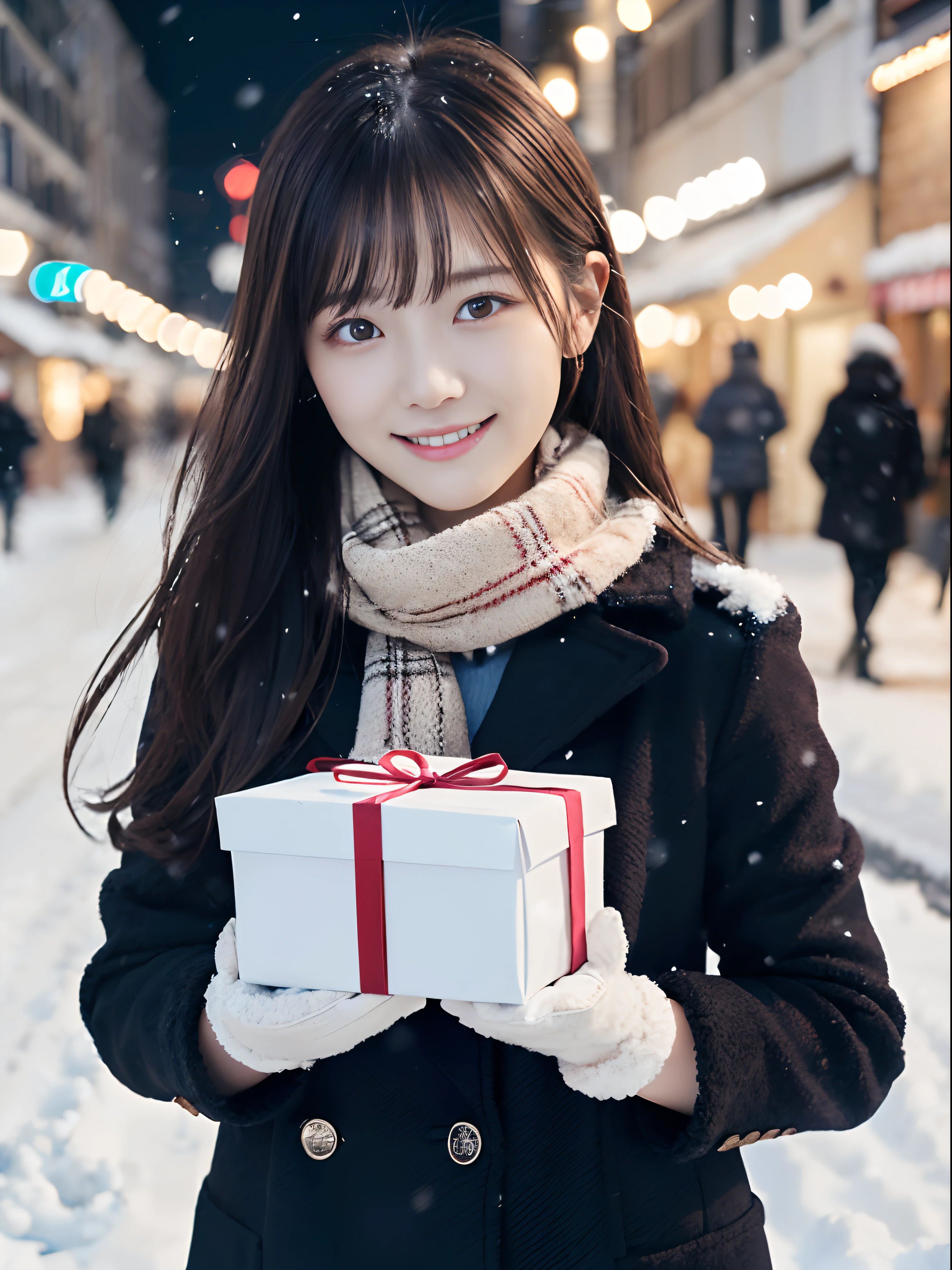 (A close-up of one girl is、Has long hair with dull bangs in a winter uniform and scarf coat:1.5)、(One girl with a shy smile、Holding a gift box with gloves in hand:1.5)、(Snowy winter night street corner and Christmas lights:1.5)、(Perfect Anatomy:1.3)、(No mask:1.3)、(complete fingers:1.3)、Photorealistic、Photography、masutepiece、top-quality、High resolution, delicate and pretty、face perfect、Beautiful detailed eyes、Fair skin、Real Human Skin、pores、((thin legs))、(Dark hair)