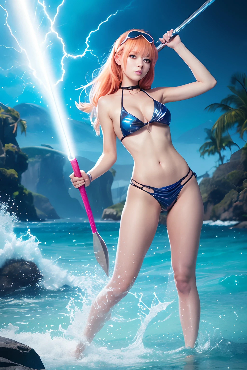 there is a woman in a bikini holding a baseball bat, nami from one piece, nami one piece, deviantart artstation cgscosiety, splashes of lightning behind her, epic digital art illustration, goddess of lightning, epic fantasy digital art style, epic fantasy digital art, 2. 5 d cgi anime fantasy artwork, mermaid cyborg with a laser whip