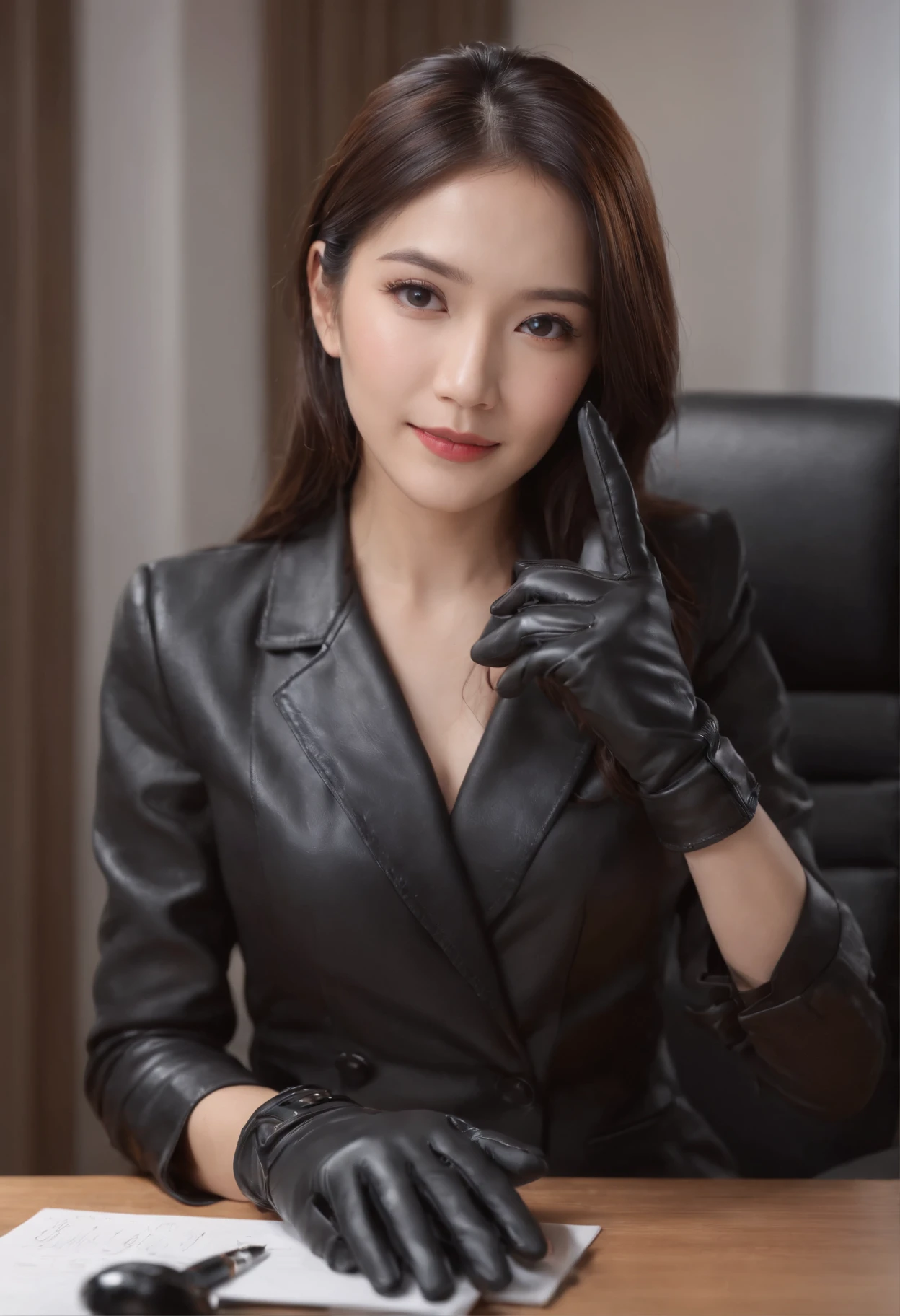 Wearing black leather gloves on both hands, Upper body, Black business suit, Facing the desk in my room with a computer in the dark, Look down and smile, Use a fountain pen to write a letter, Black hair was tied back for a long time, Still young and very cute Japan female new employee (Black leather gloves cover both hands)Gentle smile looking at the camera、Black leather gloves to do the job