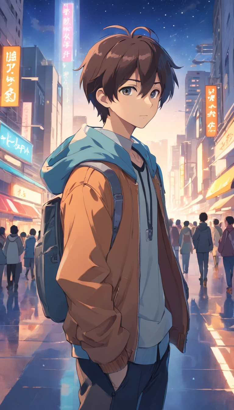 sticker, chibi, ​masterpiece、Adults、３０Uncle of the generation、twinks、Forehead、30-years old、A dark-haired、Black jacket、Black pants、white t-shirts、Give bangs、Sticking out your forehead、twinks、Eyes drawn in detail、a handsome、Inside the city、starrysky、Mystical light、Dramatic light、Cinematic power、