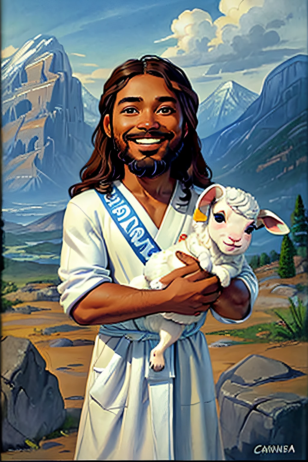 african-american, Jesus,portrait, soft light, a man with long brown hair and a beard, wearing a white robe and a blue sash, holding a lamb in his arms, smiling gently, mountains and clouds in the background, 8k, oil painting