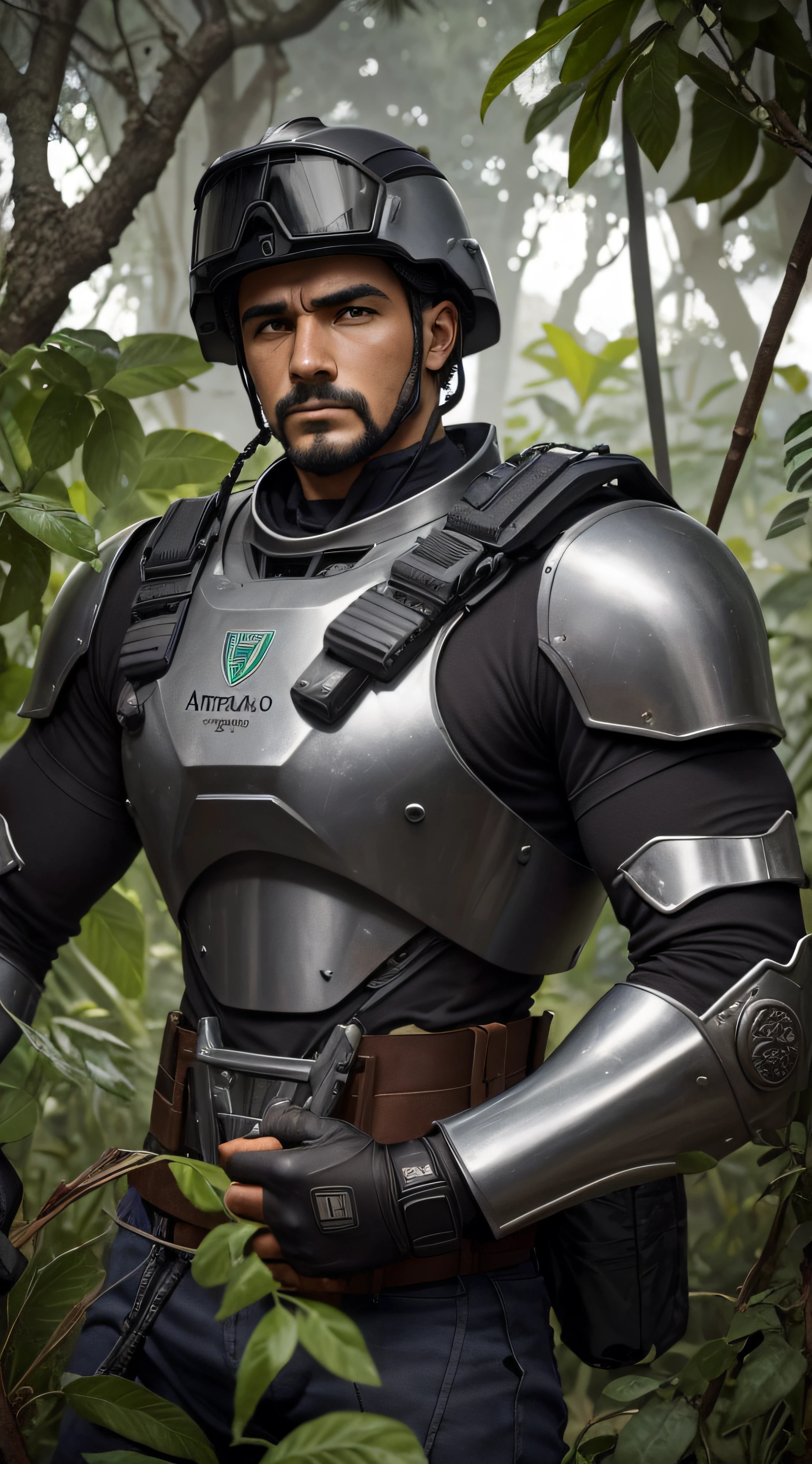(extremadamente detallado, obra maestra, La mejor calidad, foto antigua, principios de siglo, VHS Aesthetics) soldier with a techno armor. Armas grandes, cannons on his back. motosierras. pieles de animales. In the middle of a strange jungle. Vegetables from another dimension. Epic flowers far away, organic trees with meat. Luz noche.