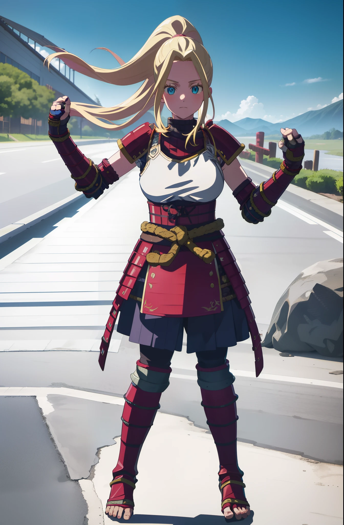 beatrix amerhauser, long hair, blue eyes, blonde hair, gloves, ponytail, (medium breast:1.2), fingerless gloves, armor, japanese armor,standing, sword holding, flipflops, forest