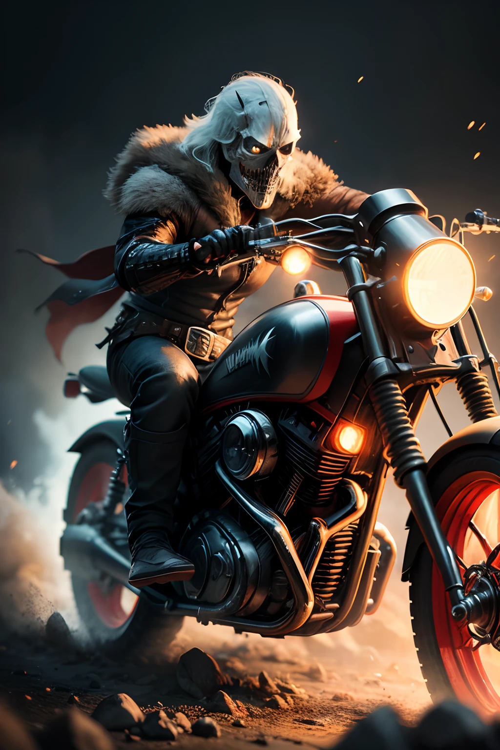 a closeup of a (Marvel Viking-style ghost rider: 1.3) Get out of the wet black mud, Extremely detailed, Smoke, sparks, metal shavings, Flying debris, surround light