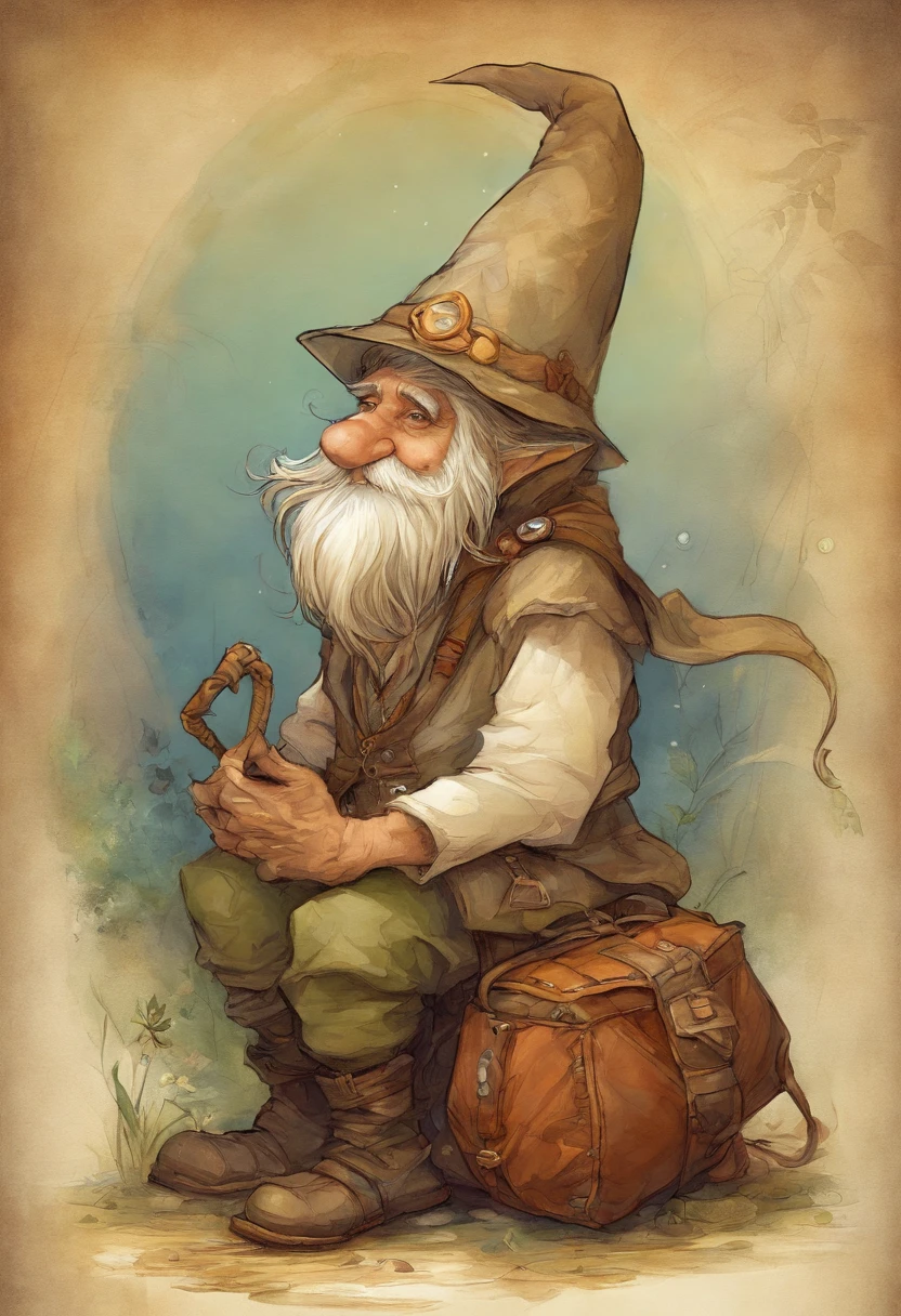 a close up of a cartoon gnome with a hat and a bag, concept art by Tony DiTerlizzi, Artstation contest winner, lowbrow, brian froud juan gimenez, portrait of a gnome called eldon, jean - baptiste monge, brian froud style, monge jean-baptiste monge, jean baptiste monge