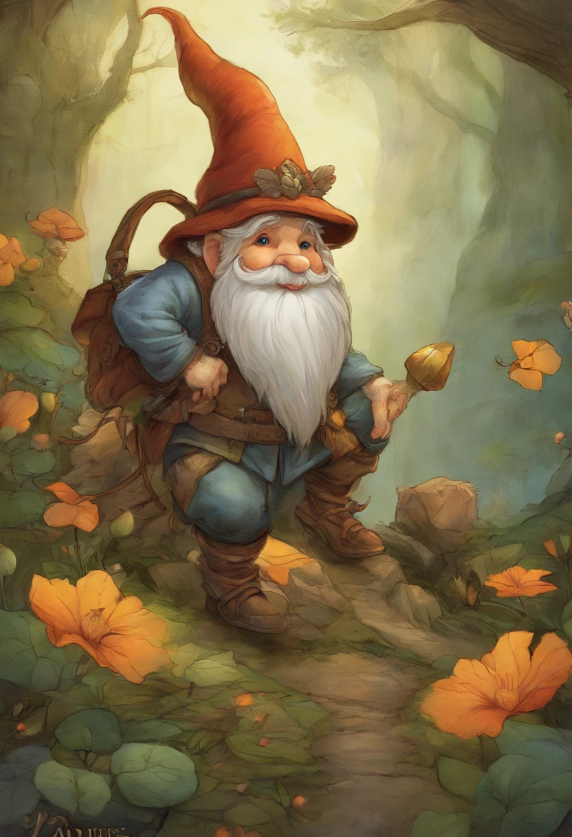 a close up of a cartoon gnome with a hat and a bag, concept art by Tony DiTerlizzi, Artstation contest winner, lowbrow, brian froud juan gimenez, portrait of a gnome called eldon, jean - baptiste monge, brian froud style, monge jean-baptiste monge, jean baptiste monge