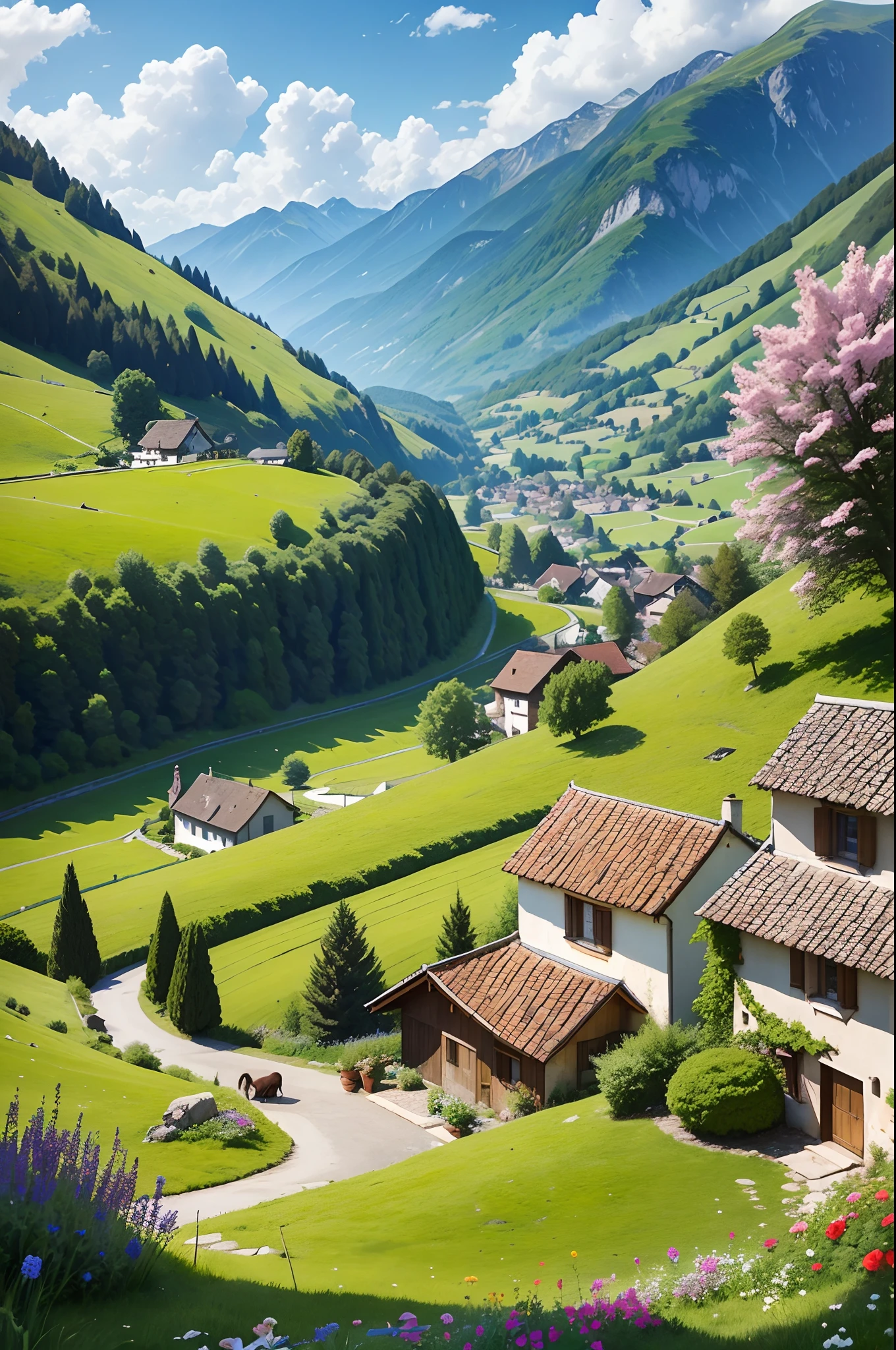 Peaceful and idyllic countryside, Rolling green hills dotted with grazing sheep, Charming villa,Set amidst vibrant flowers, Clear blue sky overhead, Evokes a sense of peace and simplicity, Valle encantador, switzerland, patches of green fields, lush countryside, Valle exuberante,An idyllic village in Milan,,verdant green fields,above a village,Rolling terraces,Colorful garden of flowers and plants,Alpine scenery in the Swiss countryside under the Alps,Carl Sessel Bern,Majestic nature, Swiss architecture, lindo cenario, rios,waterfallr