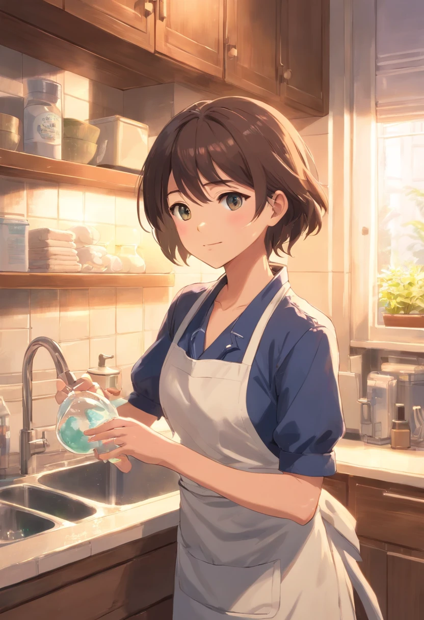 (Best Quality,hight resolution,masutepiece:1.2),(cinematic Film still from),(1girll),(See the bust up close),(Wear an apron and plain clothes),(dishwashing),There are bubbles on the hands,(soft warm lighting),(Inside the kitchen:1.0),(faucet),