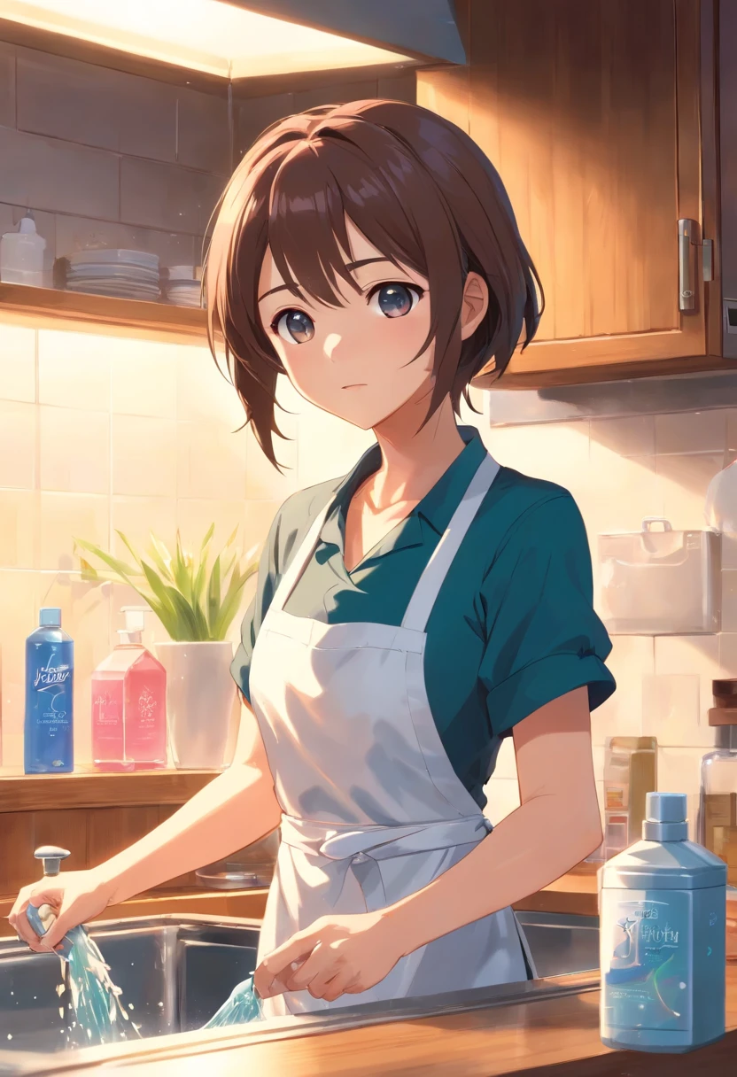 (Best Quality,hight resolution,masutepiece:1.2),(cinematic Film still from),(1girll),(See the bust up close),(Wear an apron and plain clothes),(dishwashing),There are bubbles on the hands,(soft warm lighting),(Inside the kitchen:1.0),(faucet),