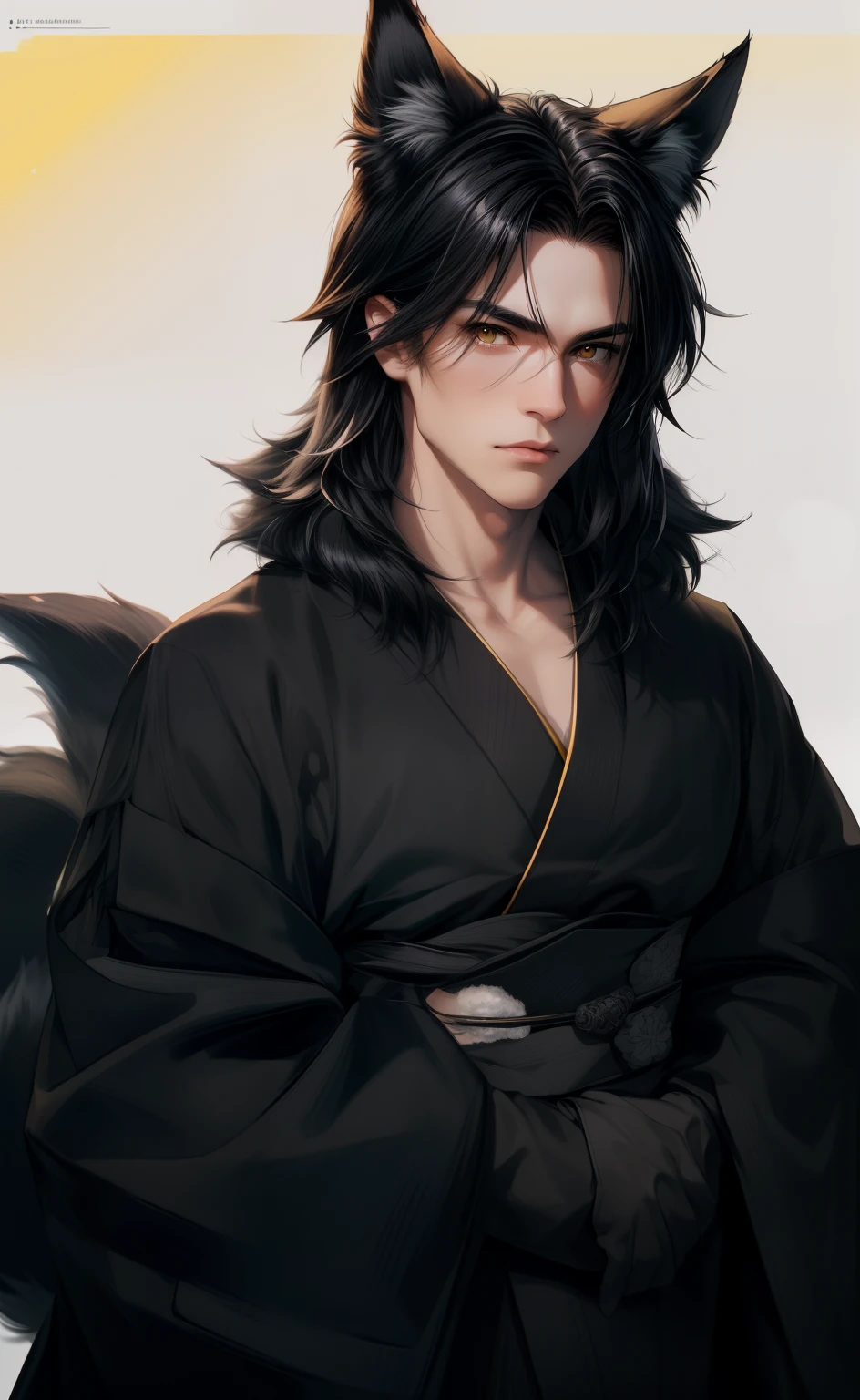 (masterpiece, best quality, ultra_detailed, highres, absurdres),1boy, male focus, solo, (((black fox ears))), ((black hair)), silky hair, hair let down, ((Short Layered Side Bangs)), (hazel eyes), (((long hair)), (wearing black and yellow kimono), (((two fluffy black fox tails))), (white tips of tails)), kimono, yellow obi, long hair, black hair, (invisible background), ((two fox tails)), ((black kimono)), upper body, looking at viewer, neutral expression, arms at side, (no background), tails at side